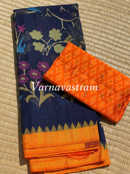 All Over Handwoven Jamdani Midnight Blue With Orange Silk Border Saree