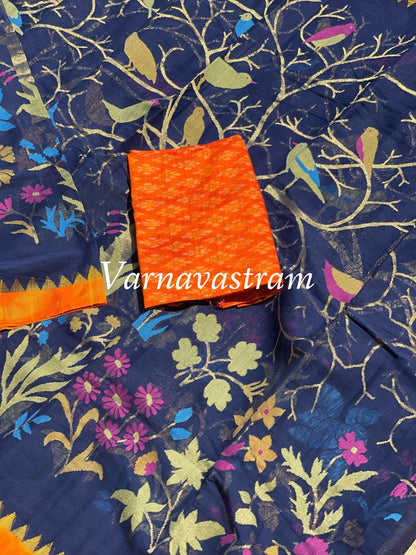 All Over Handwoven Jamdani Midnight Blue With Orange Silk Border Saree