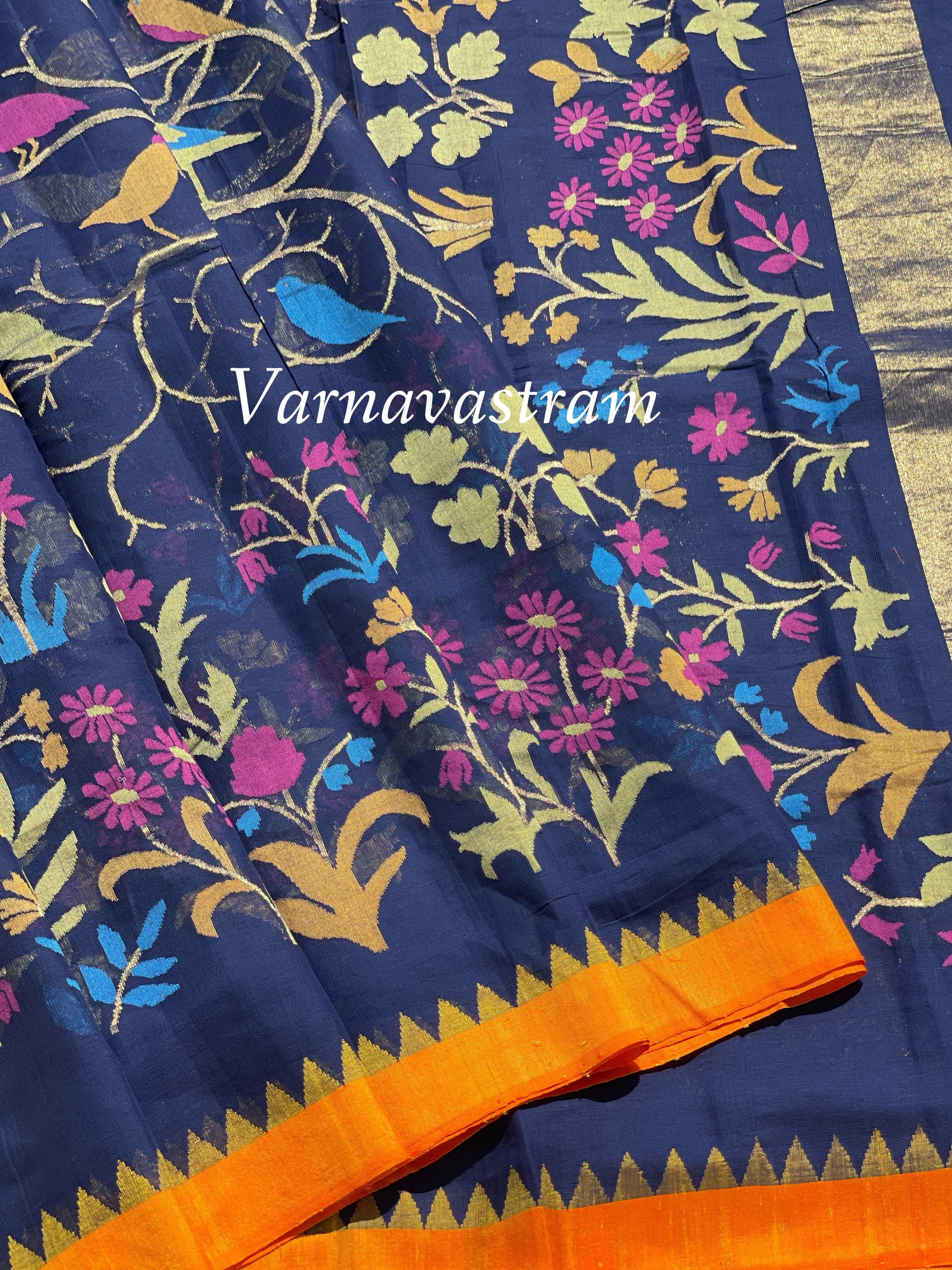 All Over Handwoven Jamdani Midnight Blue With Orange Silk Border Saree