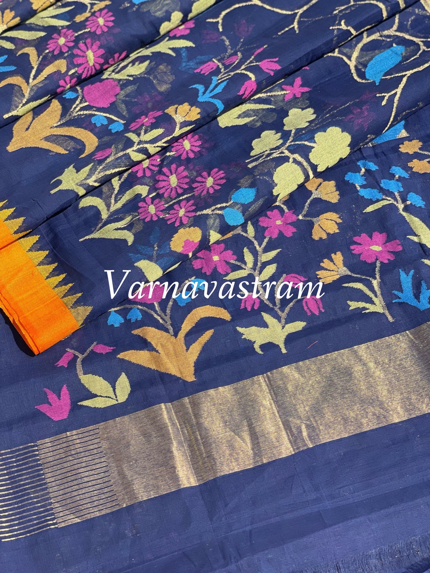 All Over Handwoven Jamdani Midnight Blue With Orange Silk Border Saree