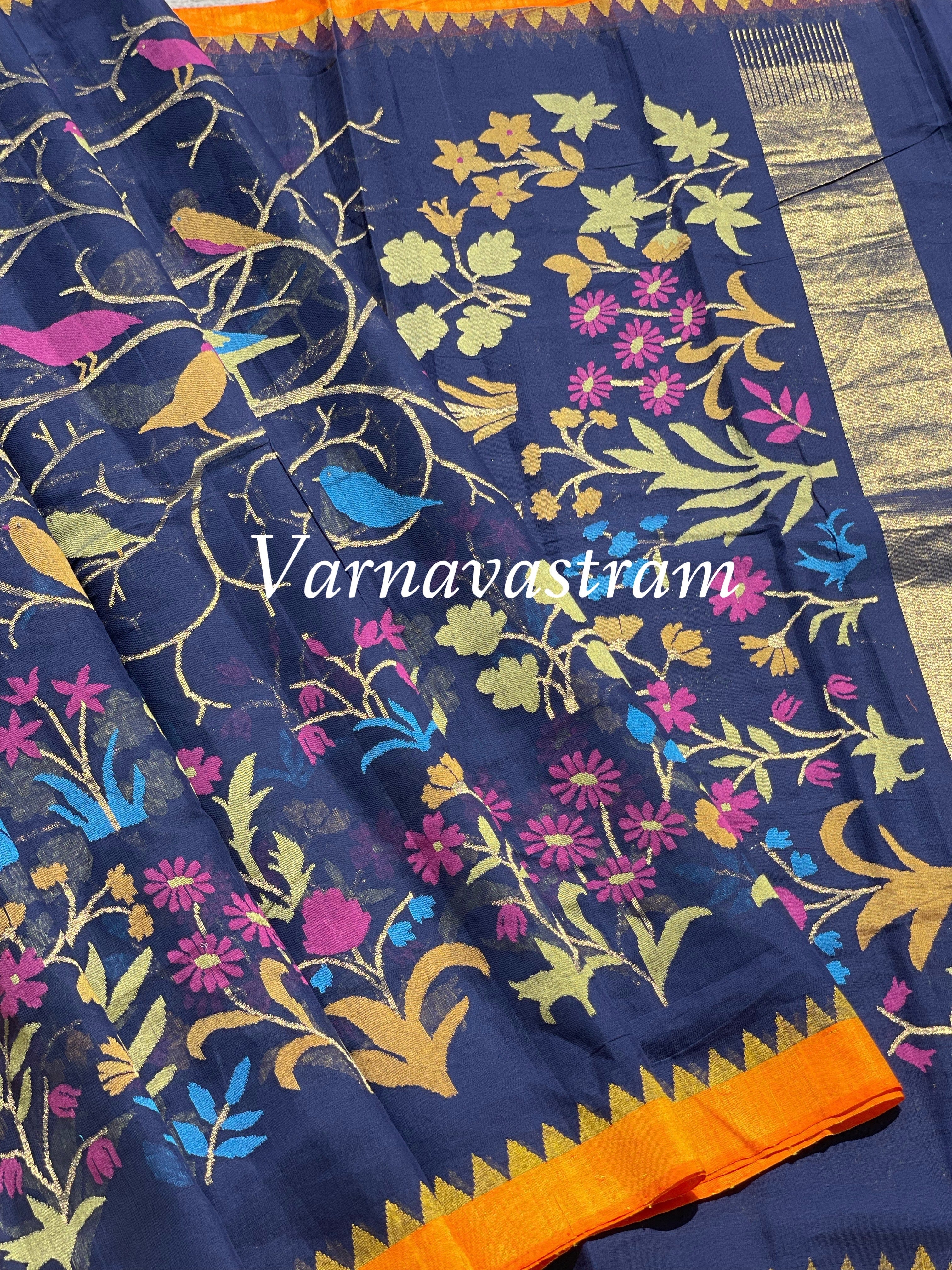 All Over Handwoven Jamdani Midnight Blue With Orange Silk Border Saree