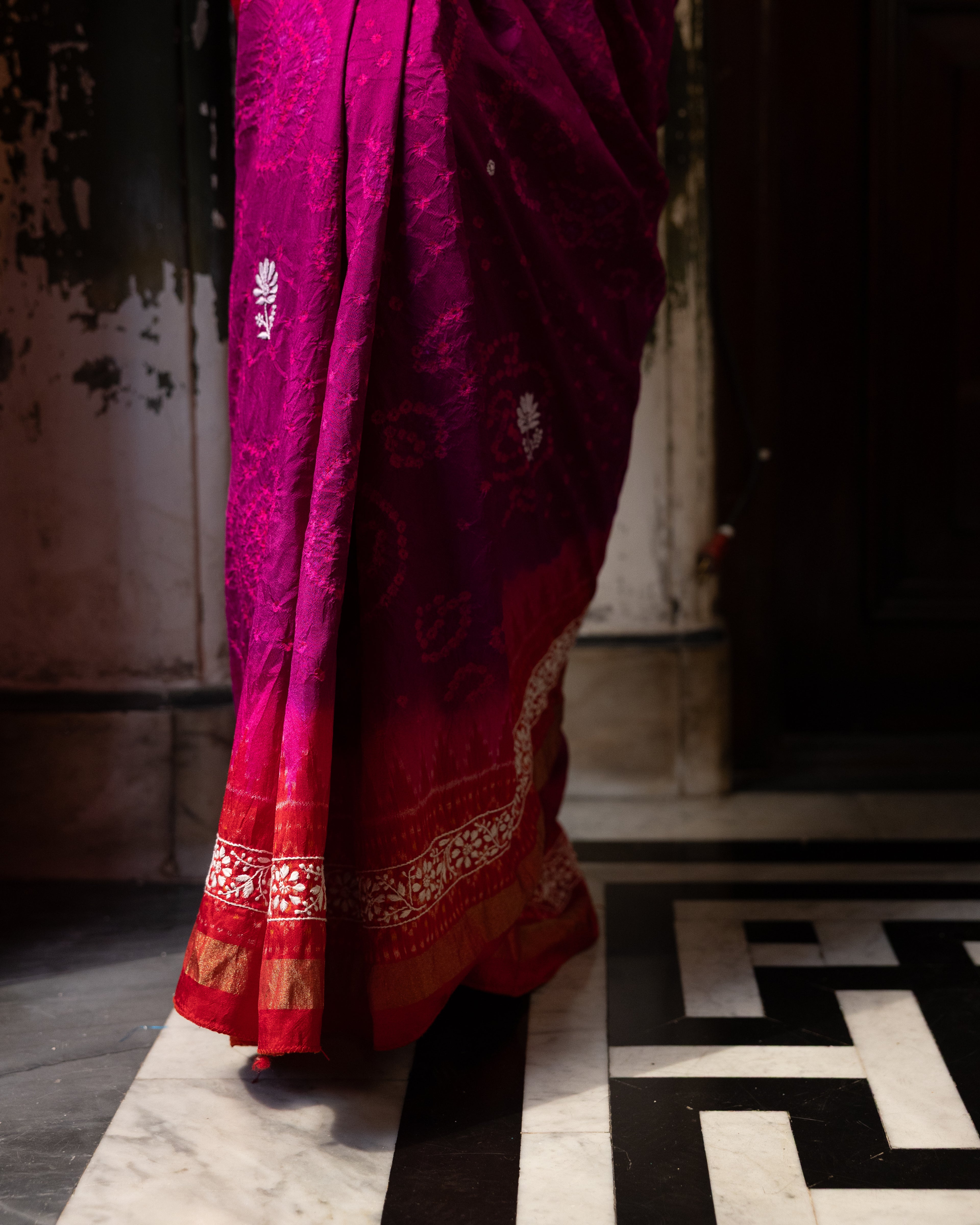 Fusion Rai Bhandej on ikkat silk with hand embroidery Chikankari work