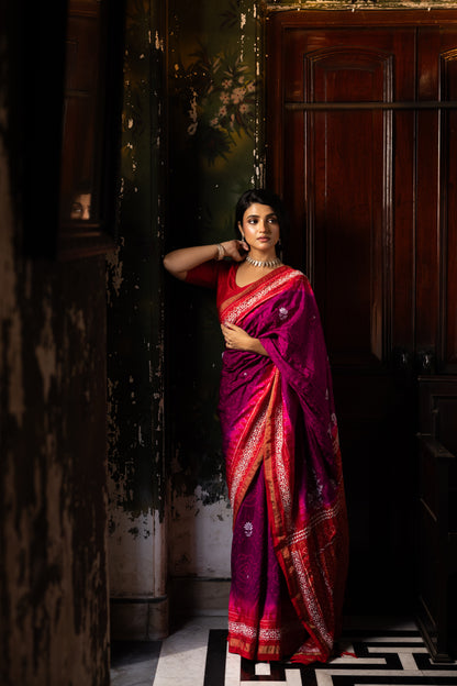 Fusion Rai Bhandej on ikkat silk with hand embroidery Chikankari work