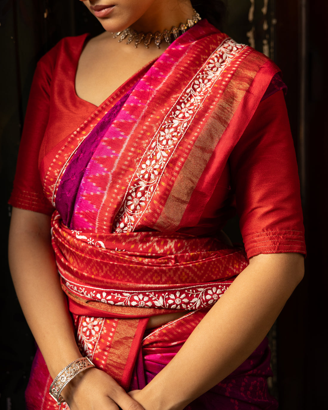 Fusion Rai Bhandej on ikkat silk with hand embroidery Chikankari work