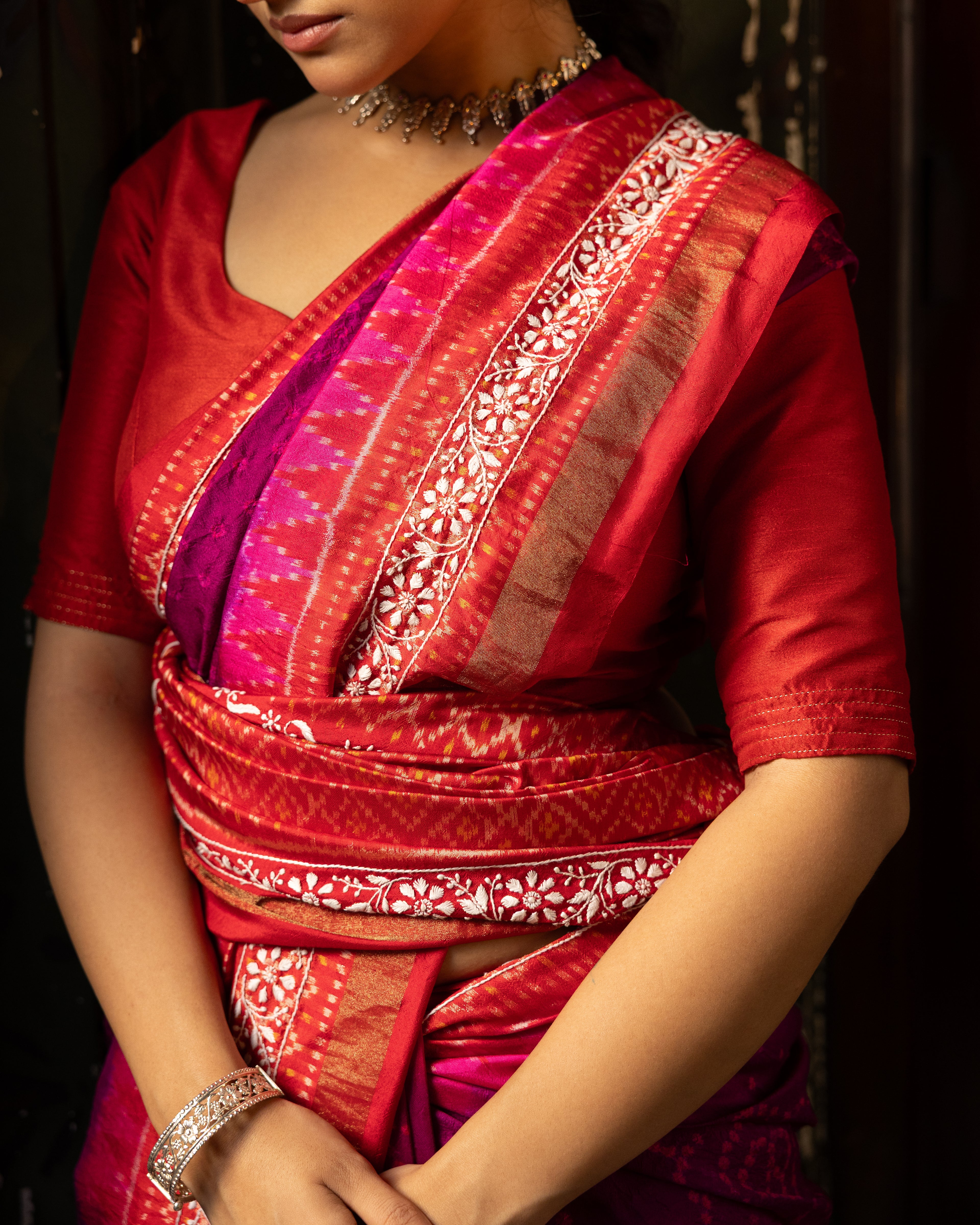 Fusion Rai Bhandej on ikkat silk with hand embroidery Chikankari work