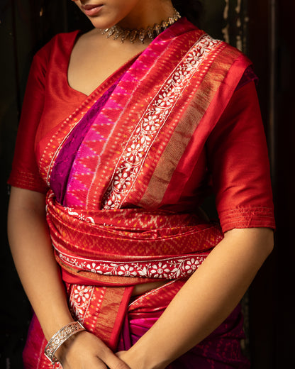 Fusion Rai Bhandej on ikkat silk with hand embroidery Chikankari work