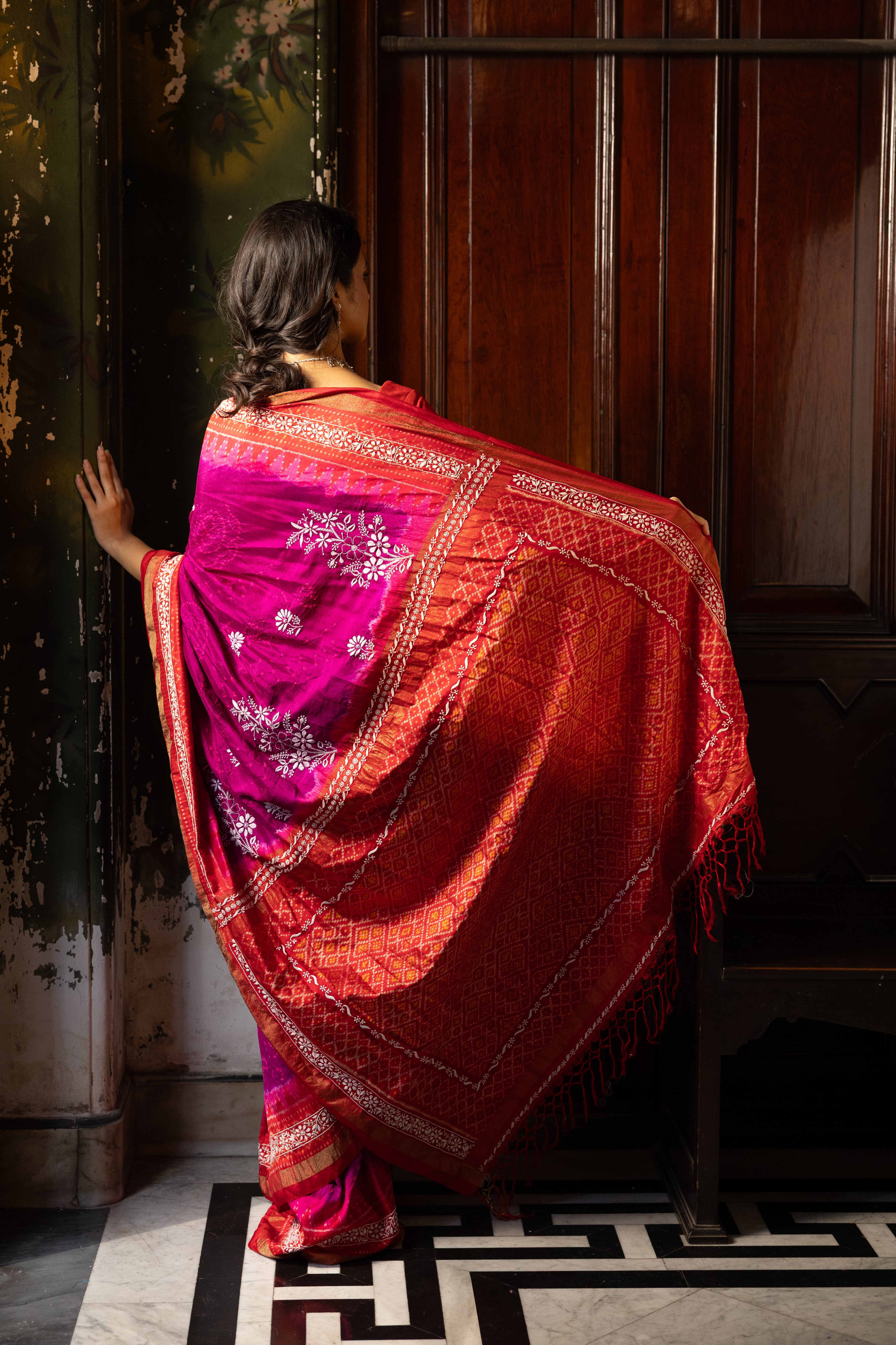 Fusion Rai Bhandej on ikkat silk with hand embroidery Chikankari work