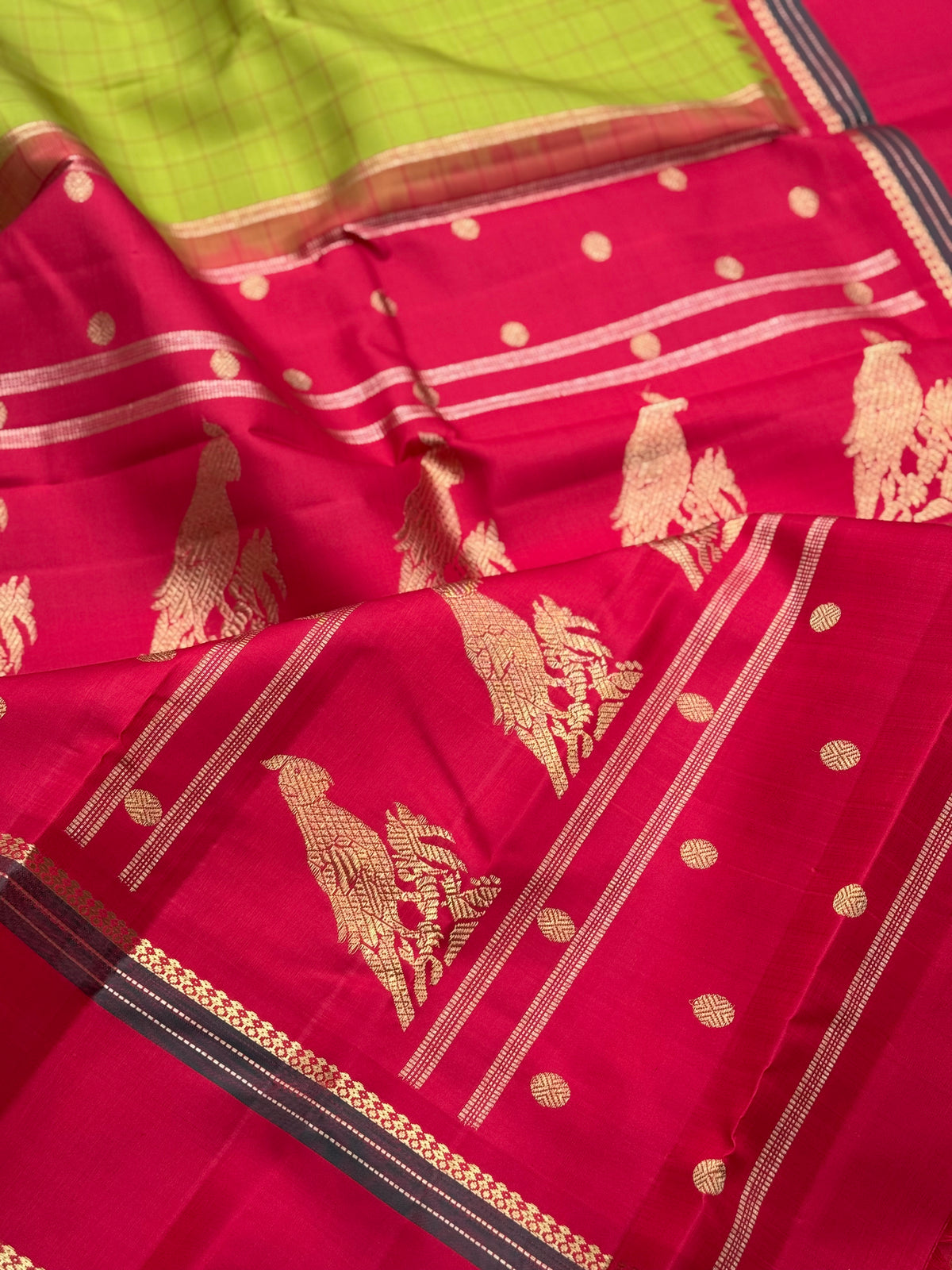 Aesthetic vintage revival kutrala kuravanji Kanchivaram silk saree in sampanga green with red