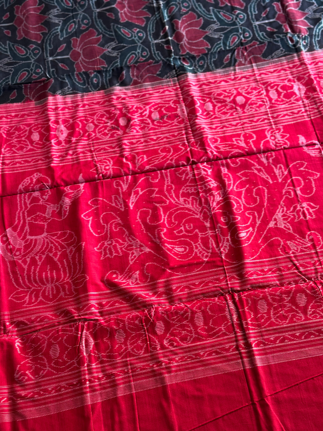 Twin Parrots With Lotus Odisha Ikkat Cotton Saree