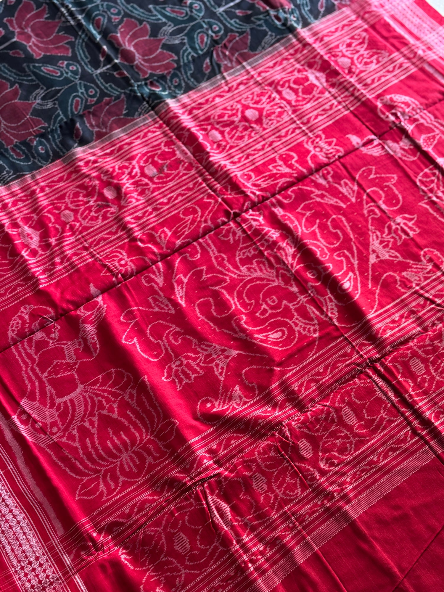 Twin Parrots With Lotus Odisha Ikkat Cotton Saree