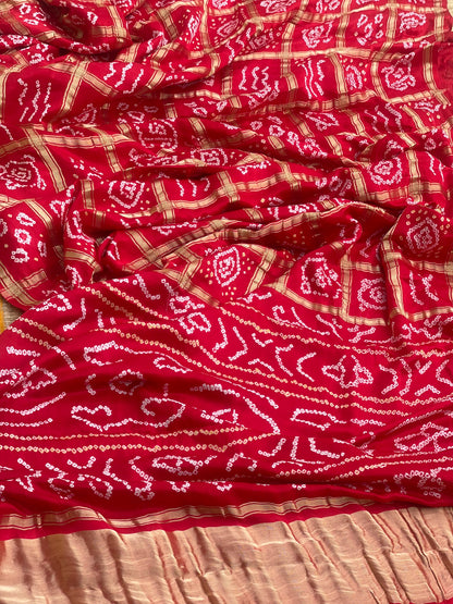 Tie And Dye Handknotted Gharchola Bandhej Gajji Silk Saree