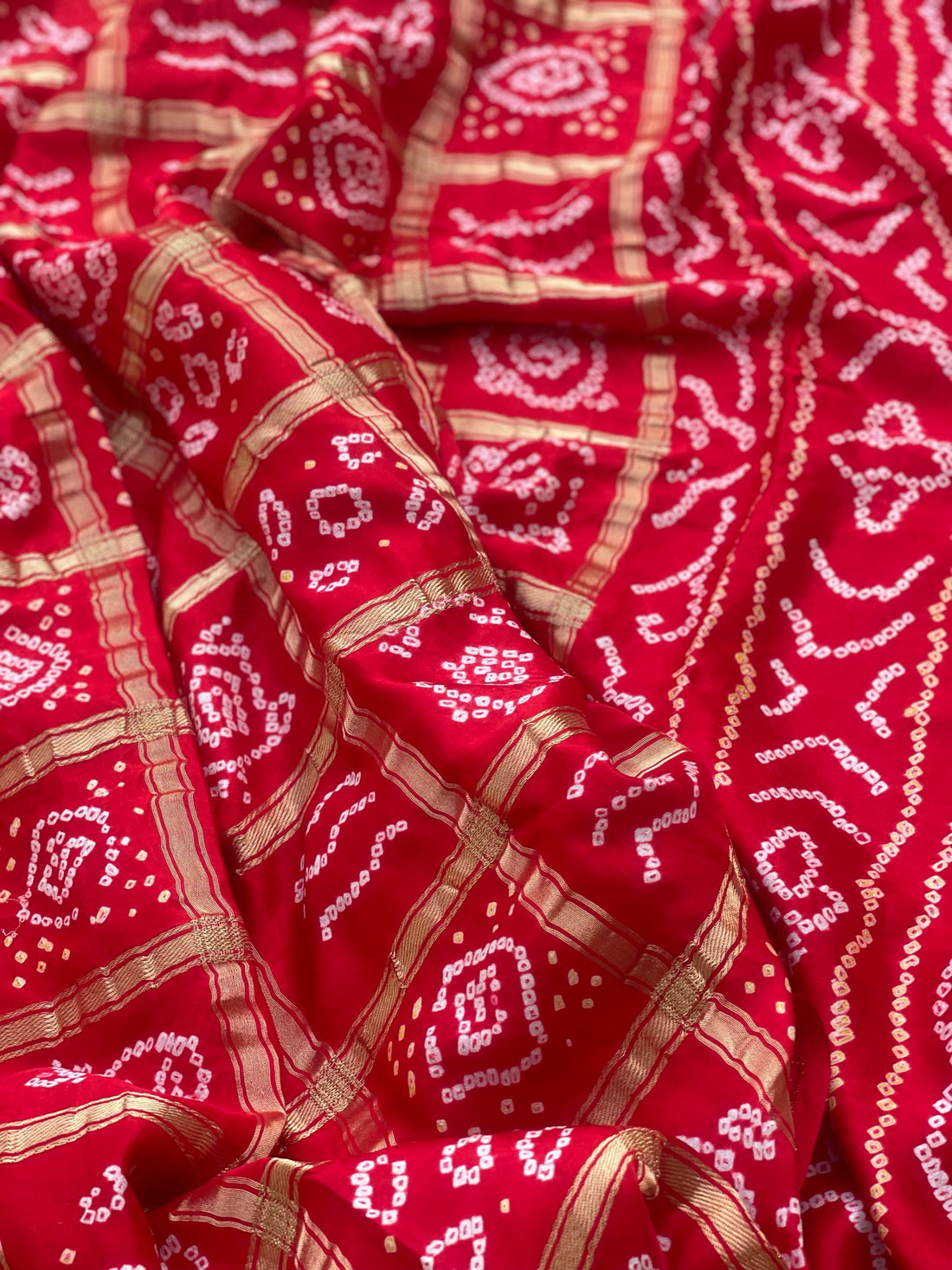 Tie And Dye Handknotted Gharchola Bandhej Gajji Silk Saree