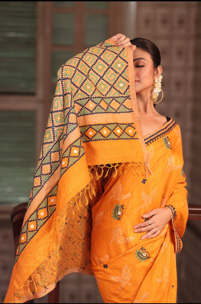 Handwoven matka silk jaal weave with beautiful handmade kutch mirrorwork