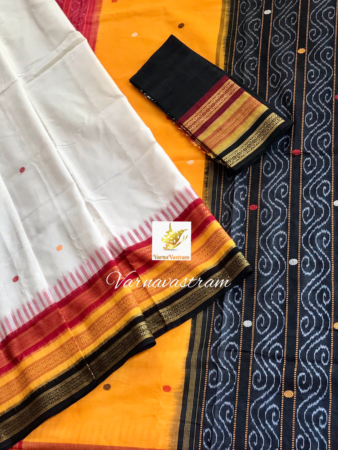 Kathifera Off-white With Yellow Black Odisha Weave Saree