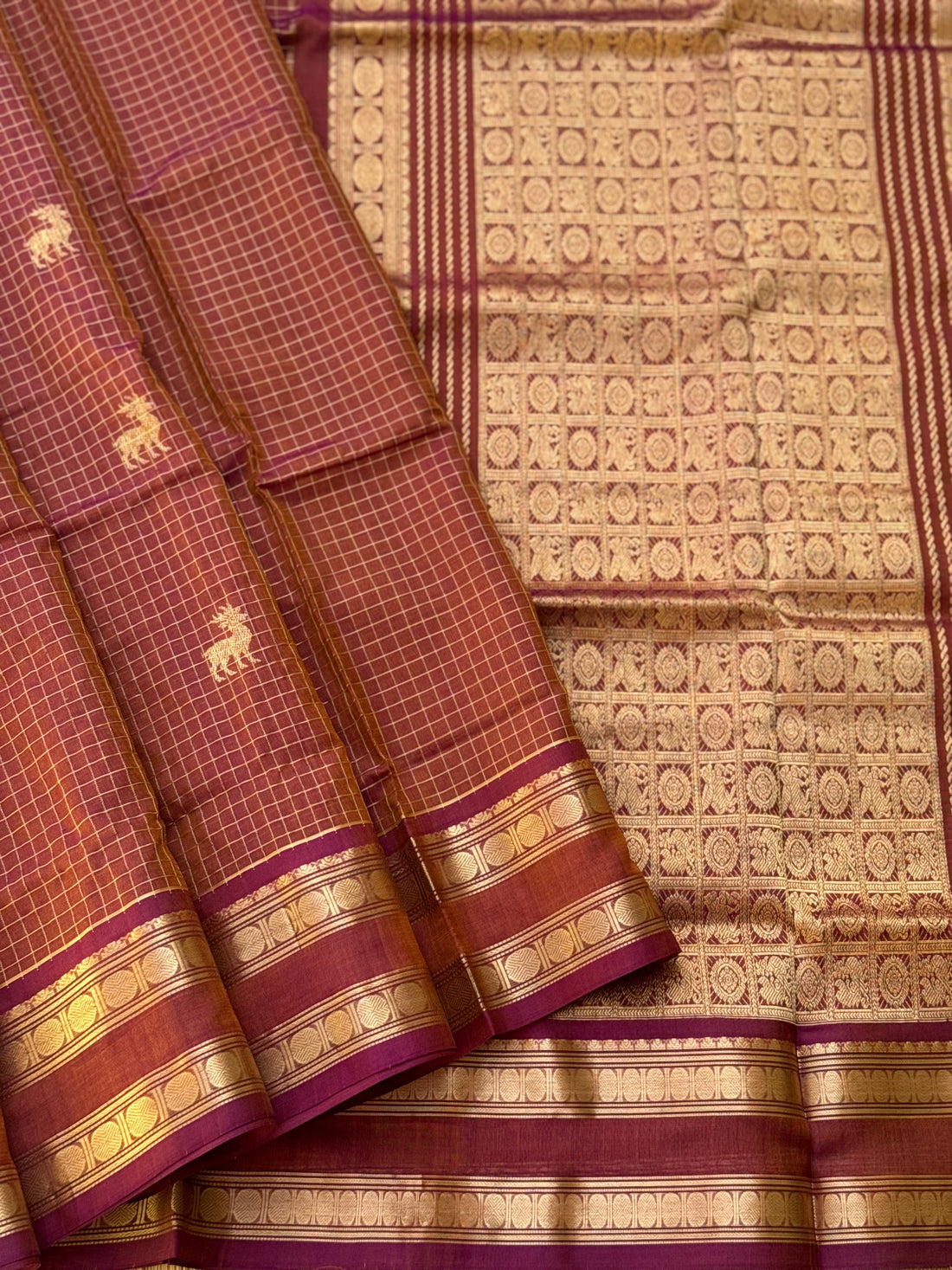 A gorgeous rust brown shade handwoven zari stripes kanchi silk cotton saree