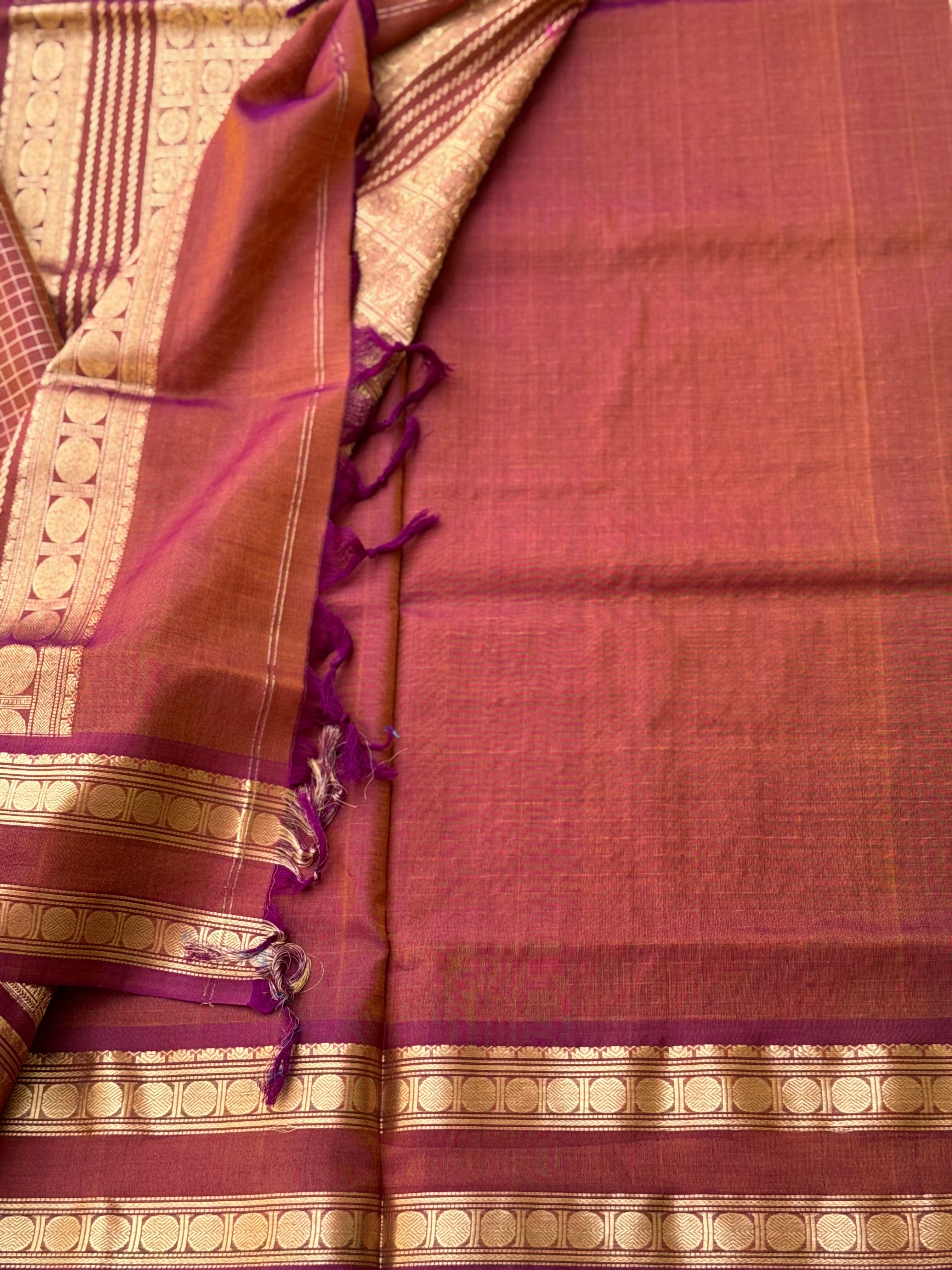 A gorgeous rust brown shade handwoven zari stripes kanchi silk cotton saree