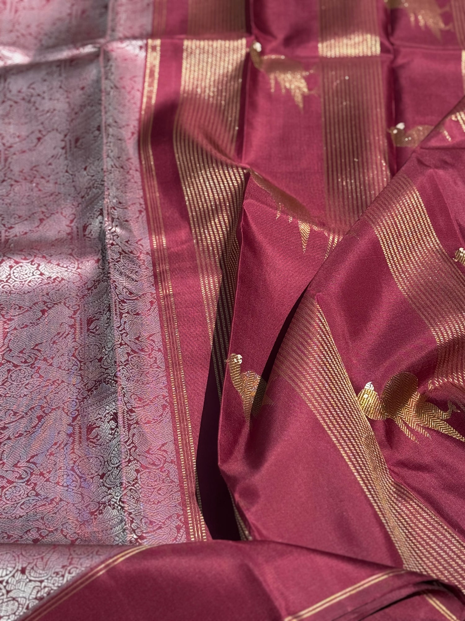 A stunner Masterpiece Garudaseva Adai kanchivaram woven silk saree in plum purple