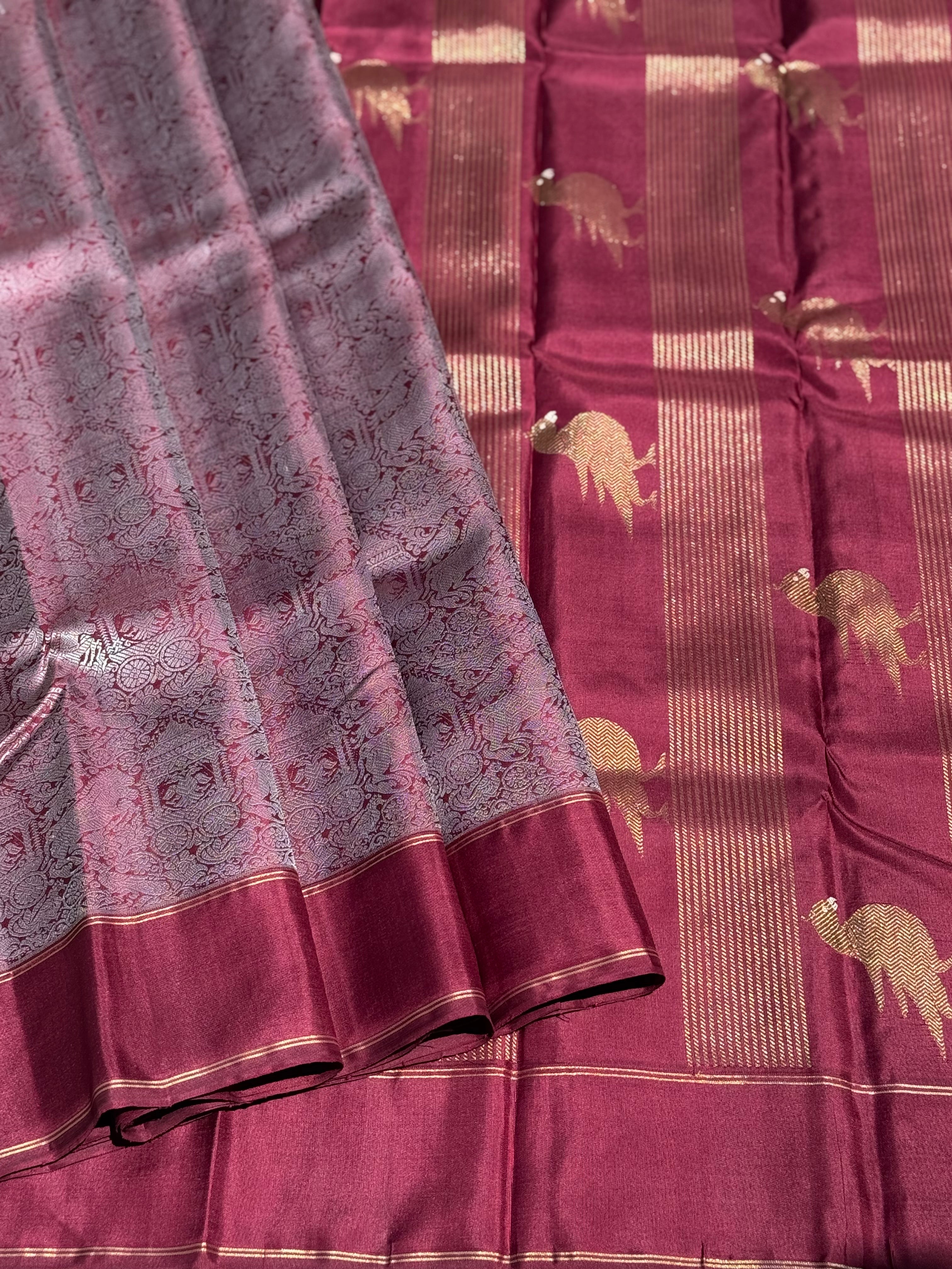 A stunner Masterpiece Garudaseva Adai kanchivaram woven silk saree in plum purple