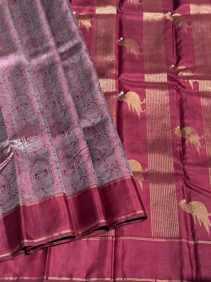 A stunner Masterpiece Garudaseva Adai kanchivaram woven silk saree in plum purple