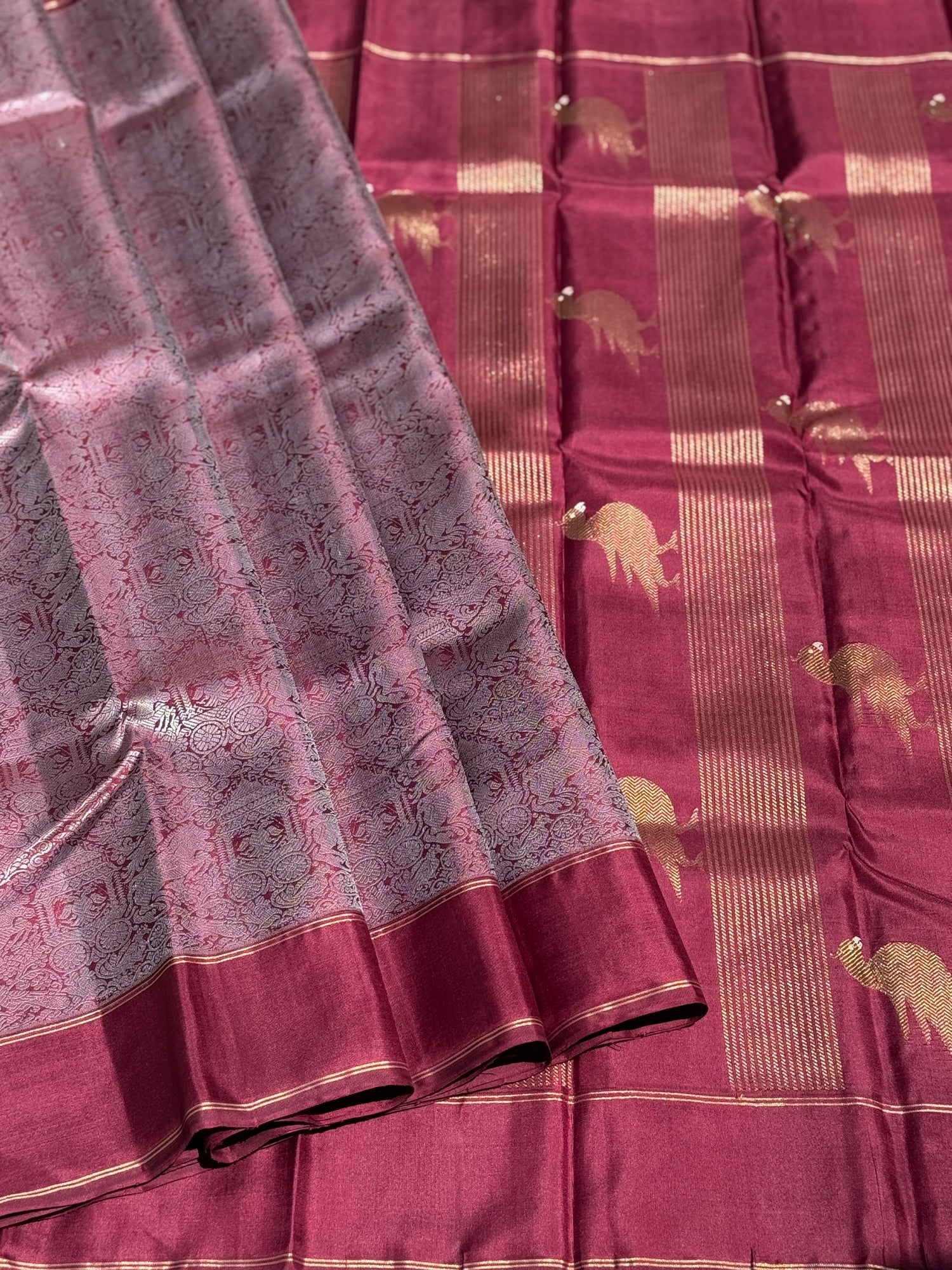A stunner Masterpiece Garudaseva Adai kanchivaram woven silk saree in plum purple