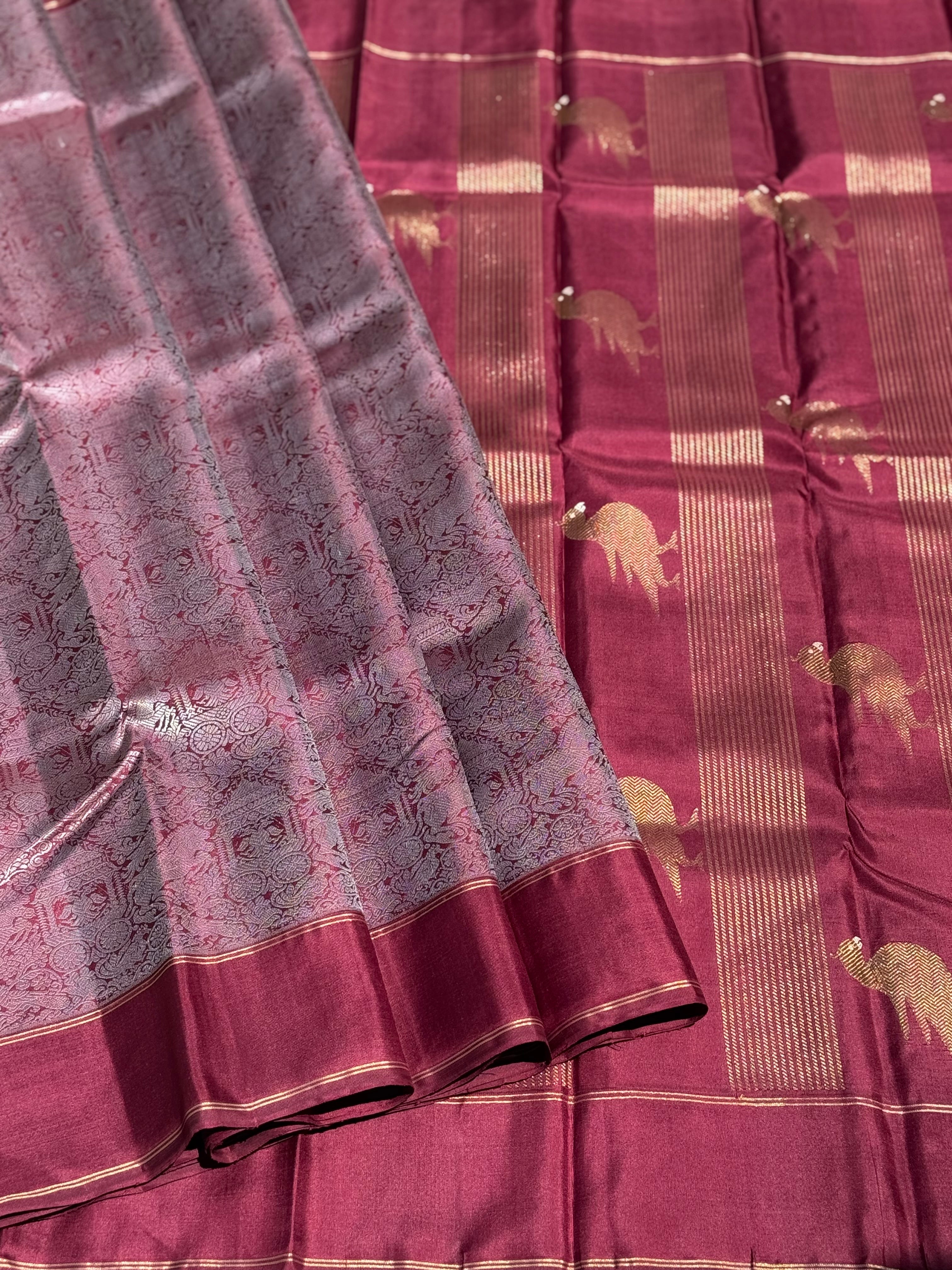 A stunner Masterpiece Garudaseva Adai kanchivaram woven silk saree in plum purple