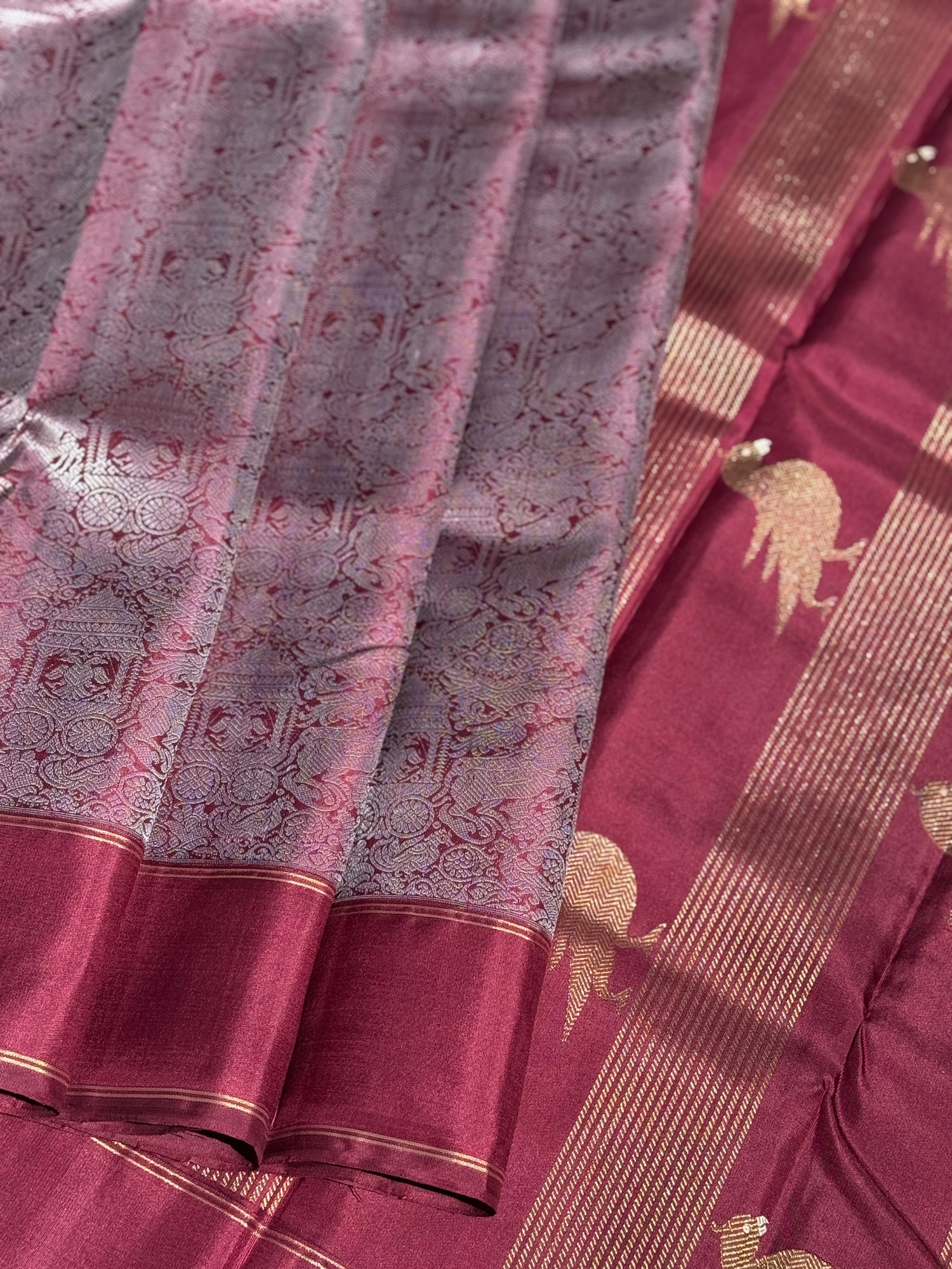A stunner Masterpiece Garudaseva Adai kanchivaram woven silk saree in plum purple