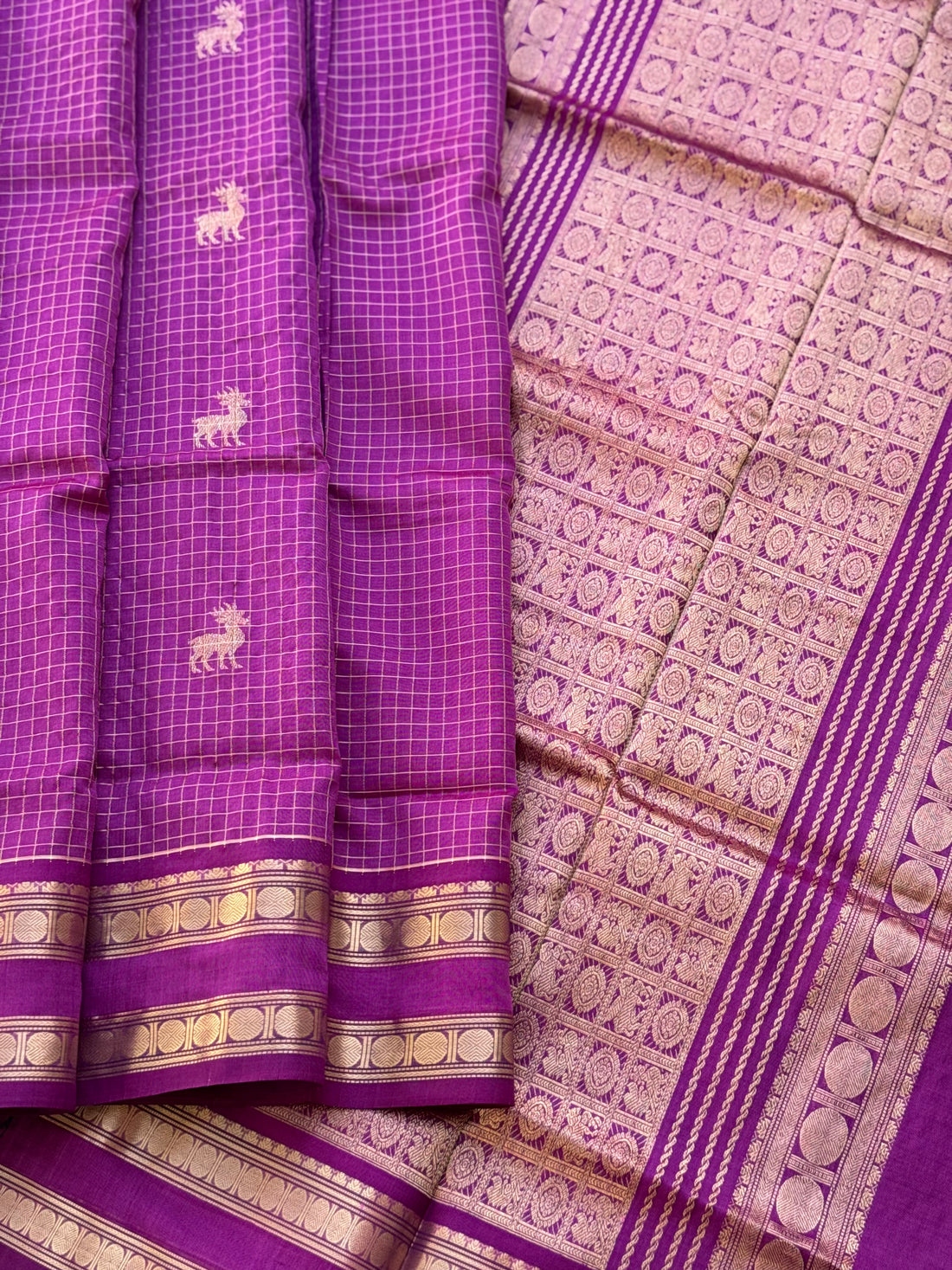 A gorgeous lilac shade handwoven zari stripes kanchi silk cotton saree