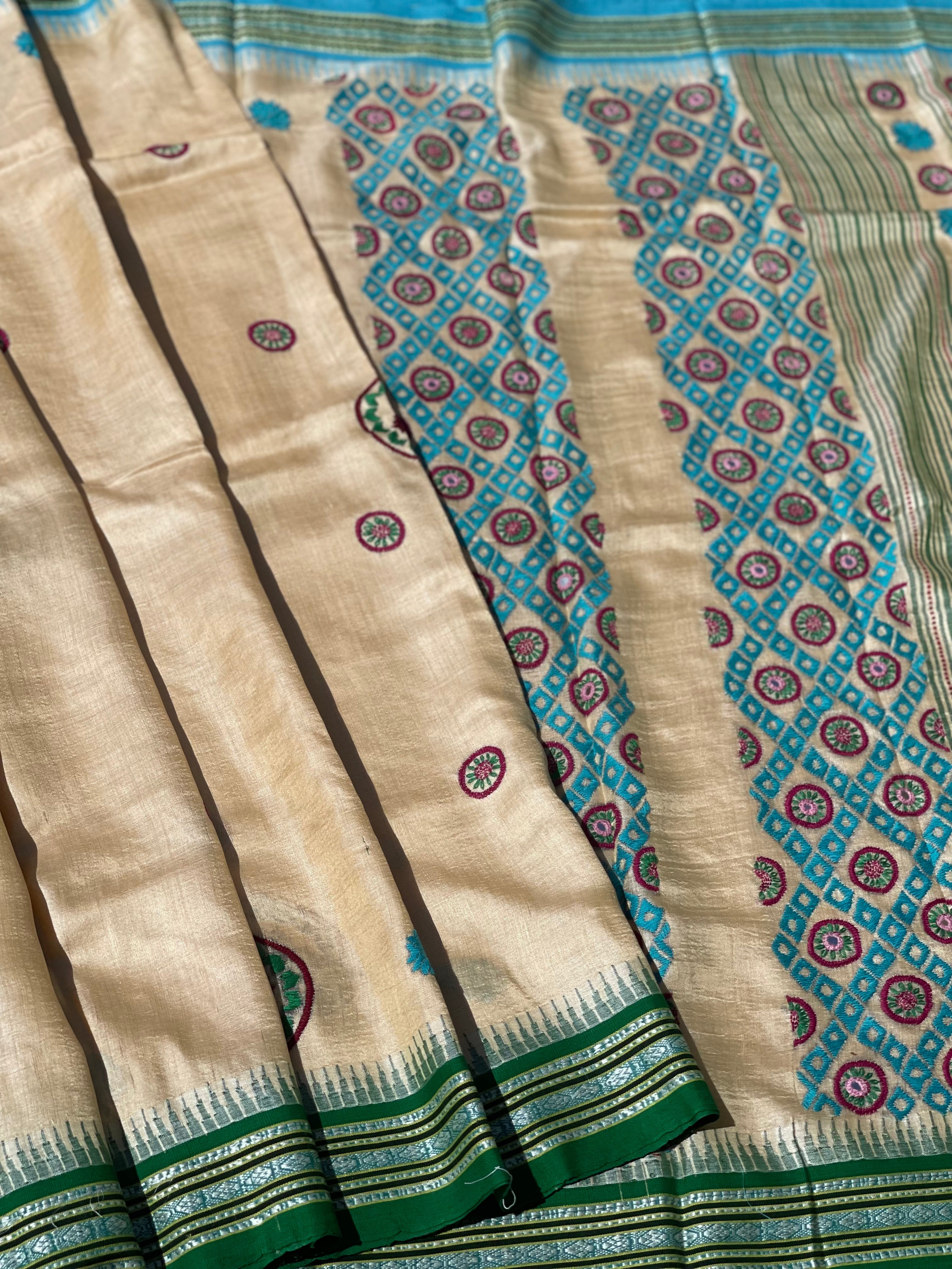 Vidarbha Tussar silk Saree with Phulkari hand Embroidery work