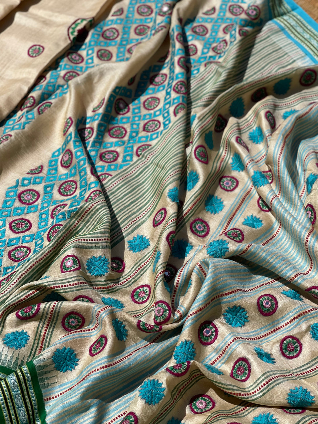 Vidarbha Tussar silk Saree with Phulkari hand Embroidery work