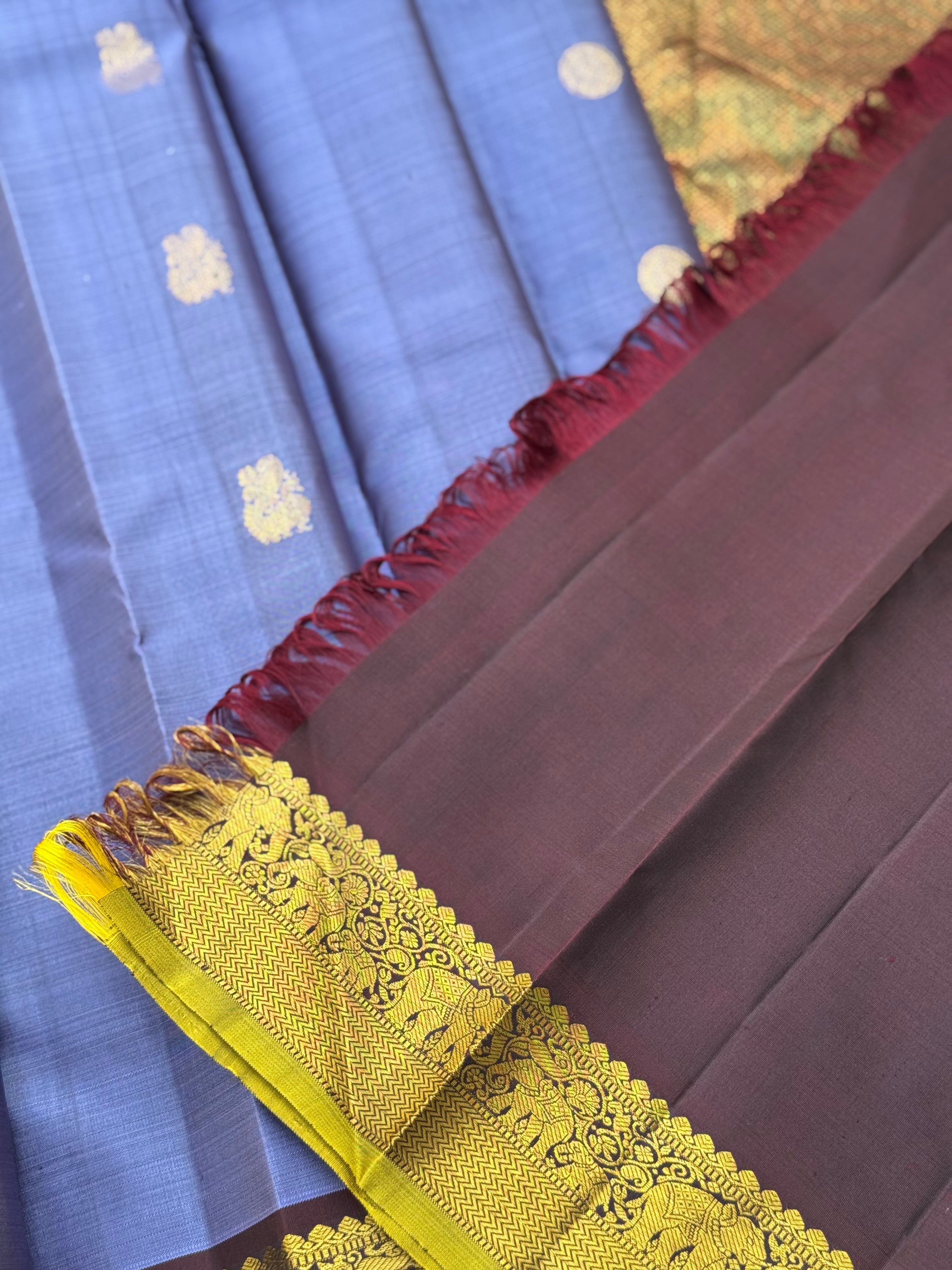 A stunner metallic powder blue korvai kanchivaram kanchivaram silk saree with annam chakkaram