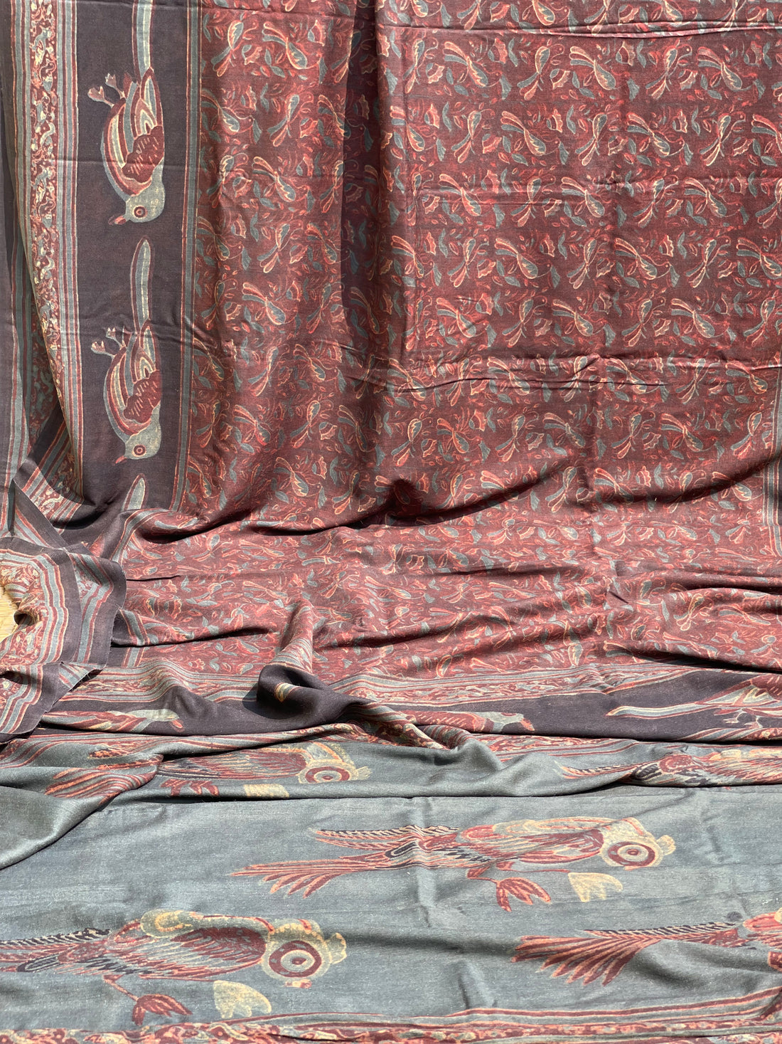 Natural Dyed Ajrakh Double Resist birds Block printed moinga tussar Silk Saree