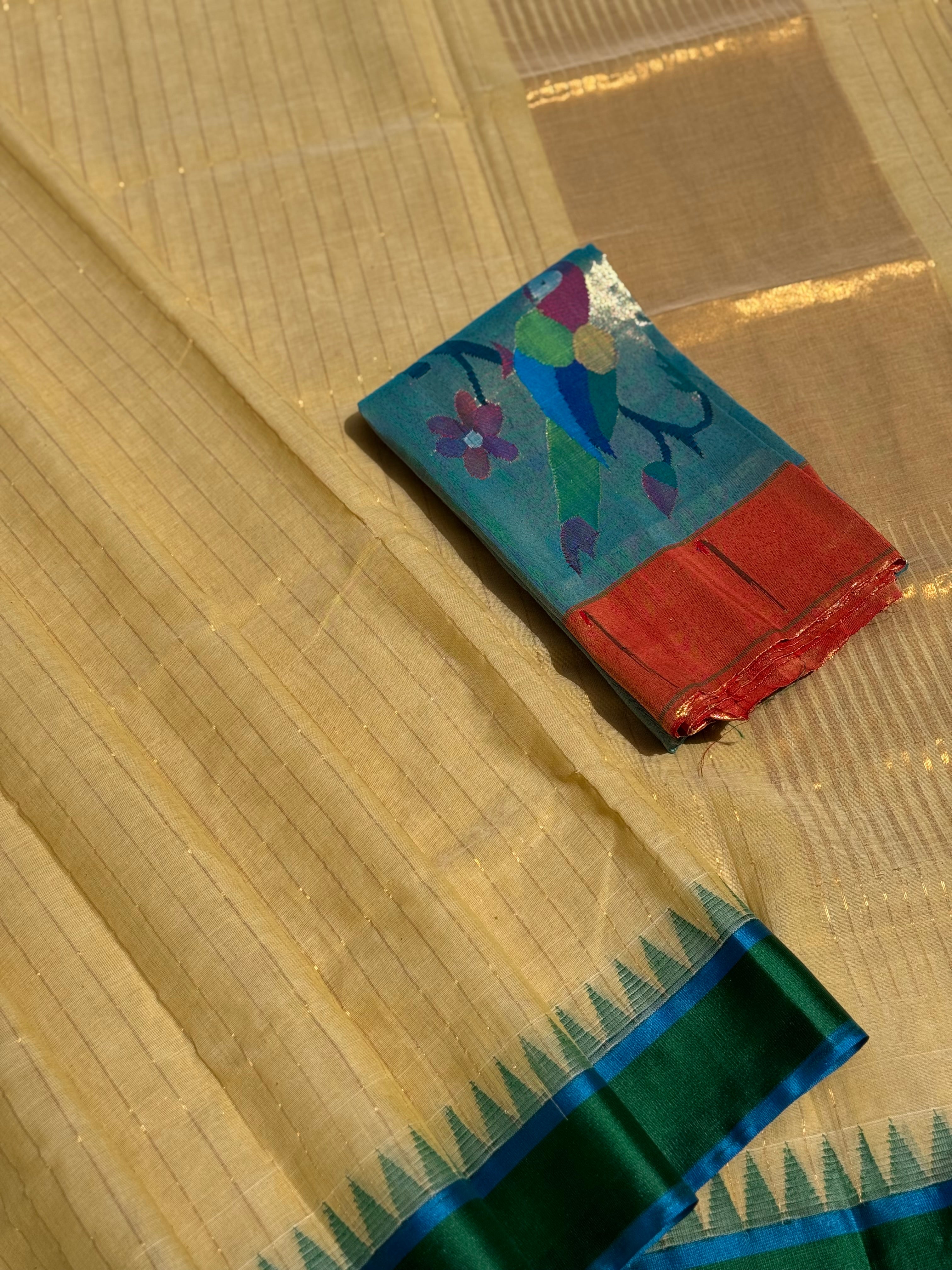 Handspun and handwoven ponduru Khadhi jamdani cotton saree