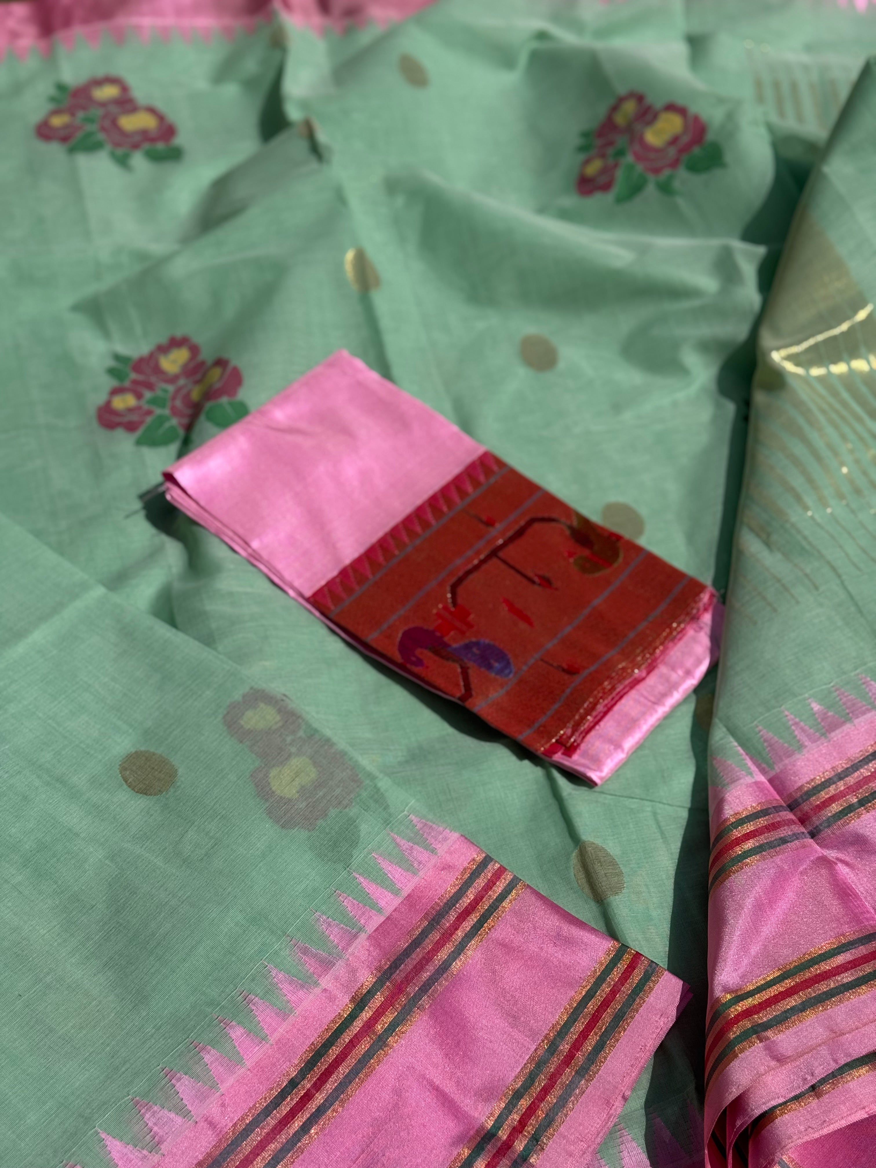 Pastel green with peony pink bouquet of flowers jamdani motifs ponduru Khadhi jamdani saree