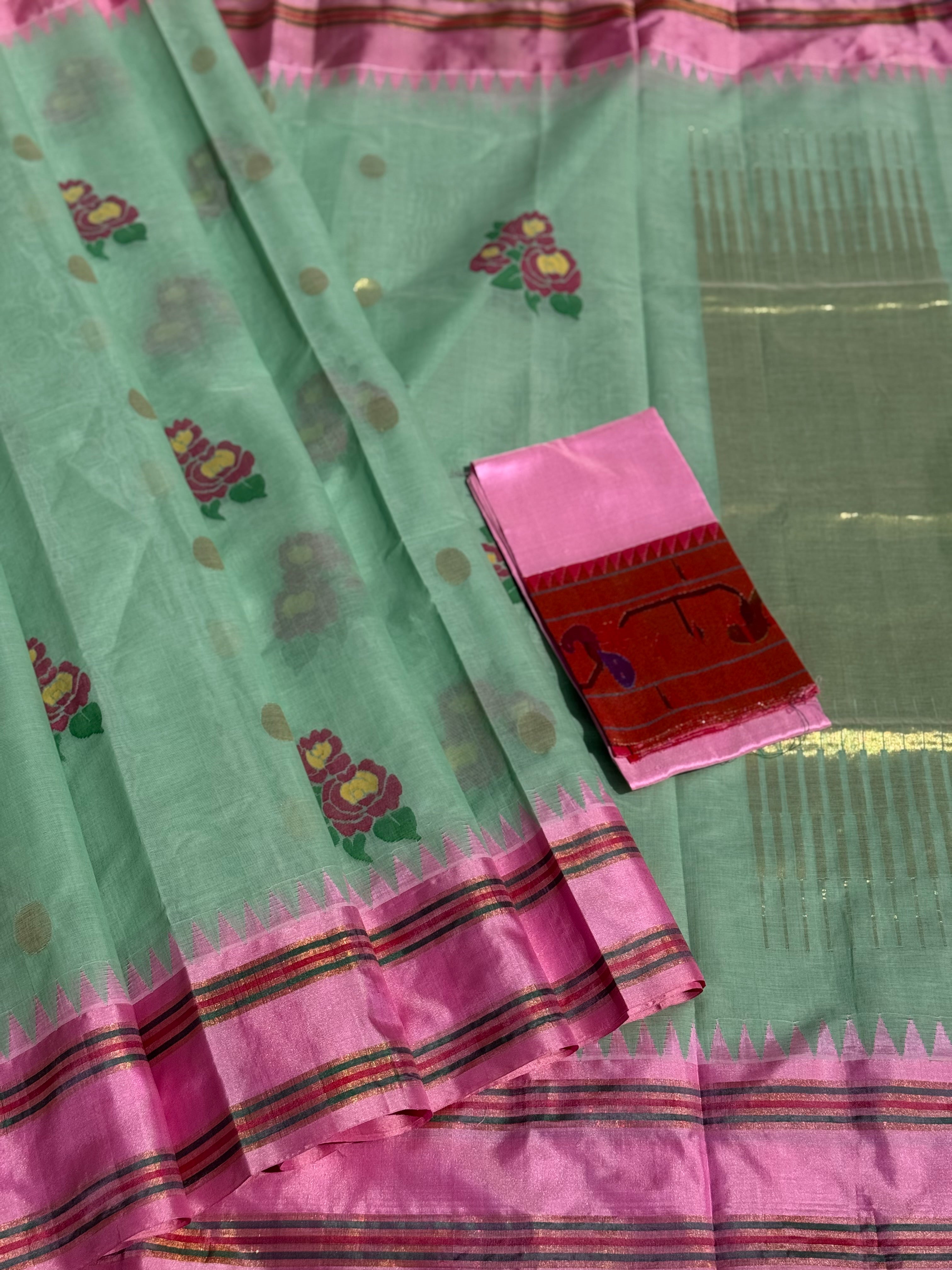 Pastel green with peony pink bouquet of flowers jamdani motifs ponduru Khadhi jamdani saree
