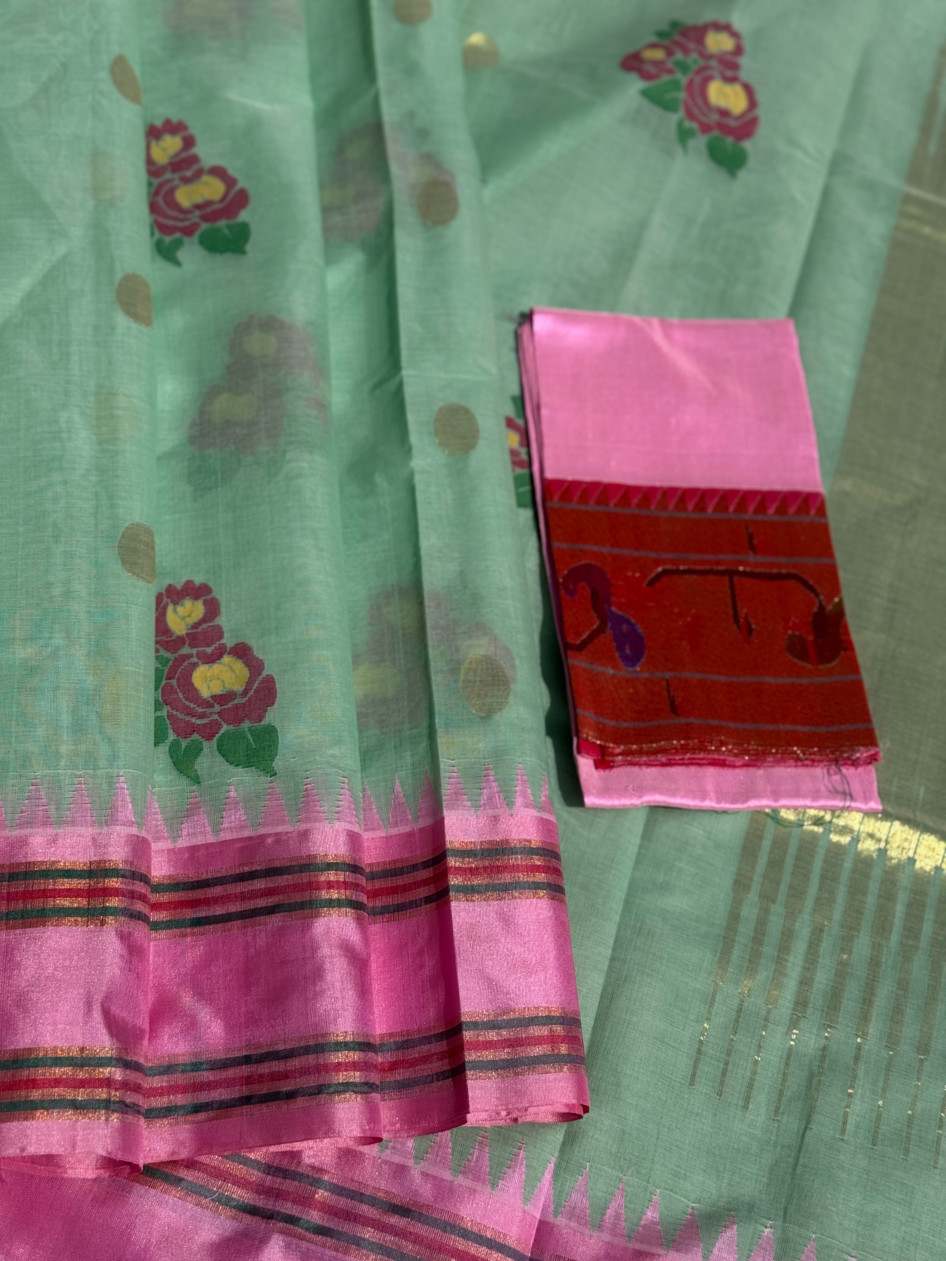 Pastel green with peony pink bouquet of flowers jamdani motifs ponduru Khadhi jamdani saree
