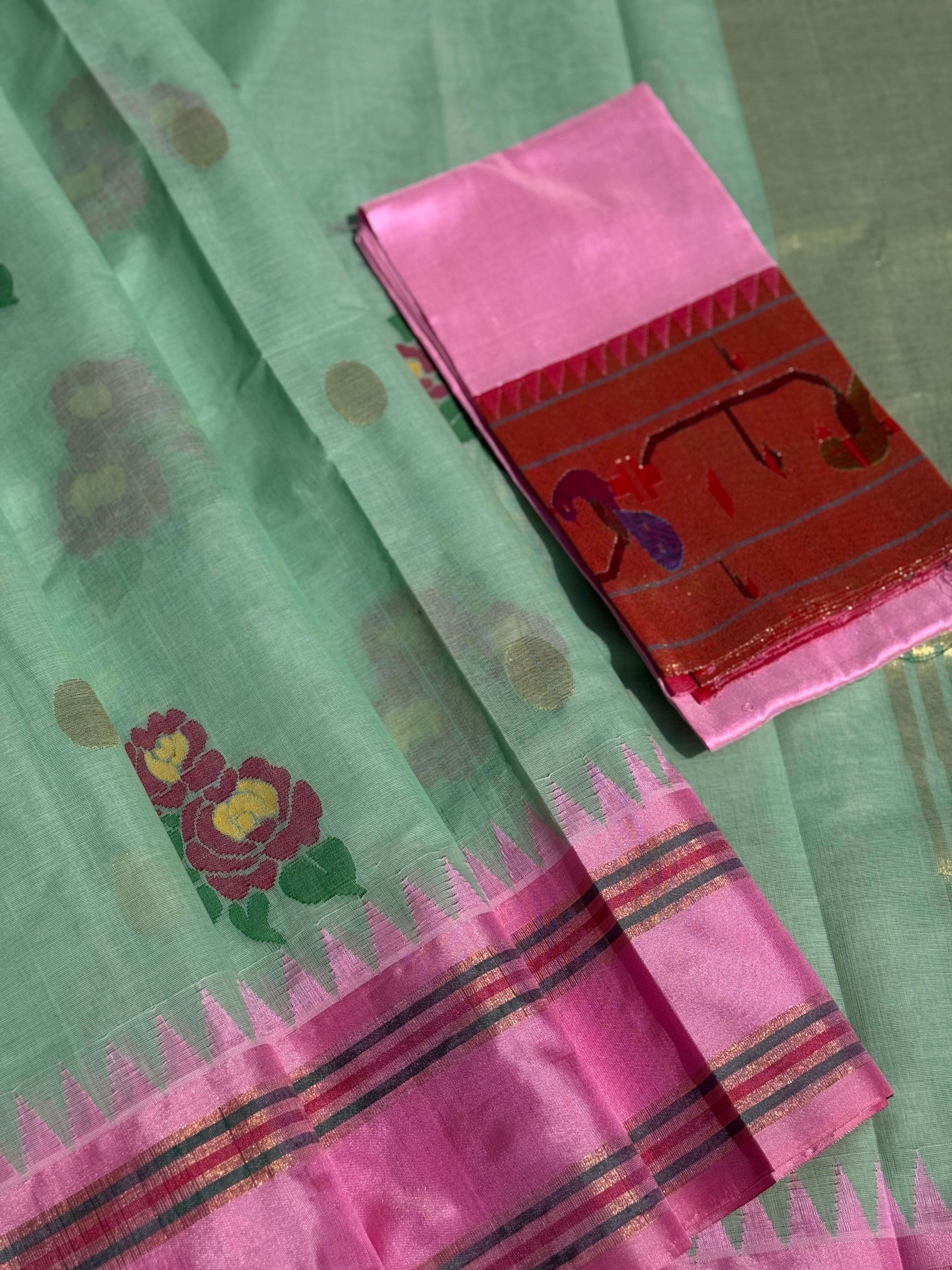 Pastel green with peony pink bouquet of flowers jamdani motifs ponduru Khadhi jamdani saree