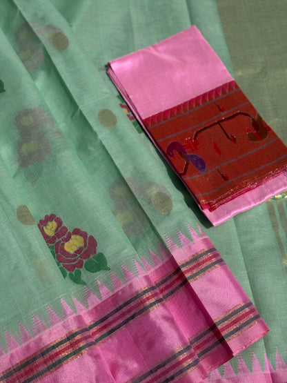 Pastel green with peony pink bouquet of flowers jamdani motifs ponduru Khadhi jamdani saree