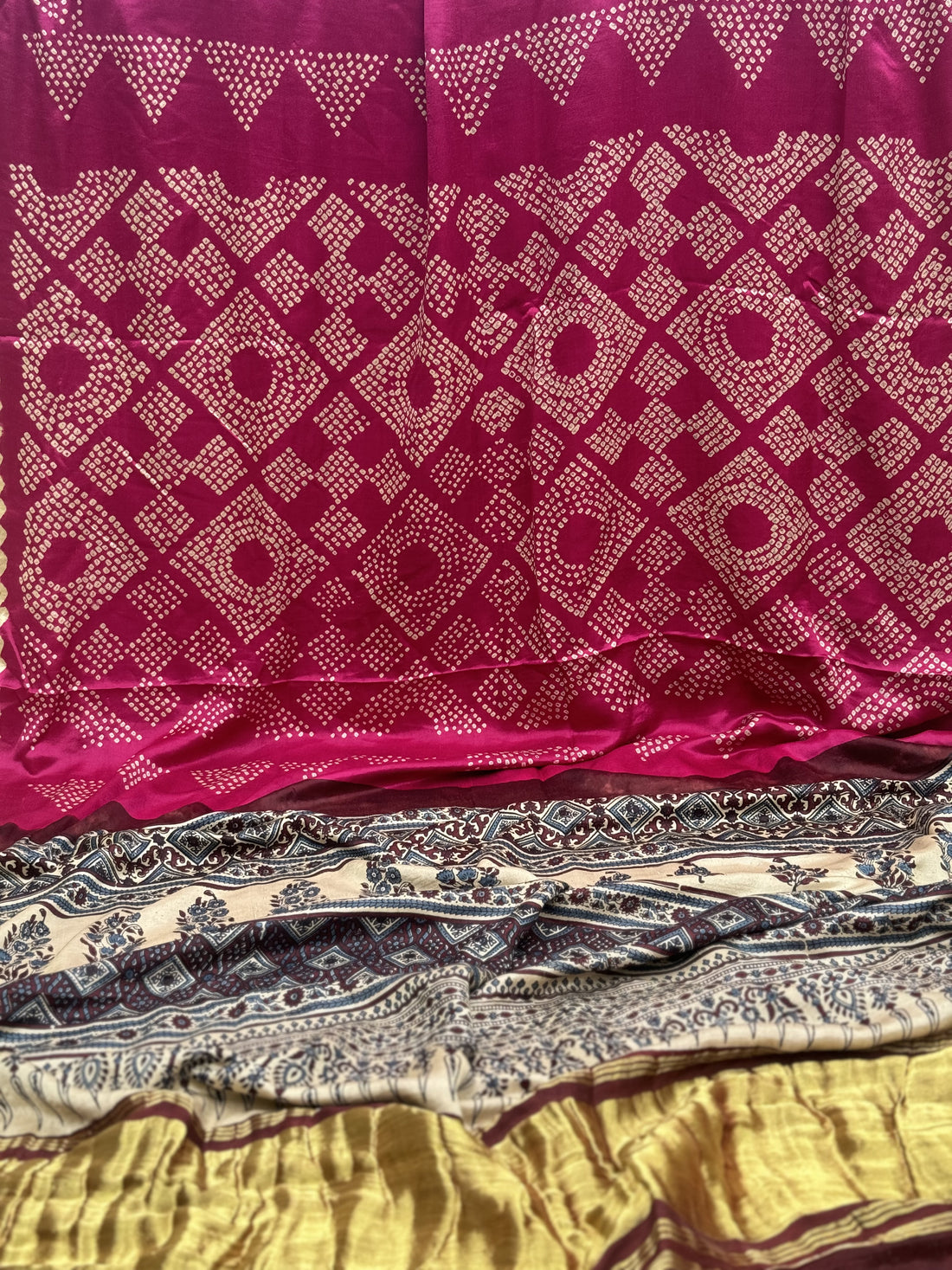 Plum pink shade Tie And Dye Hand Knotted Rai Bandhej Gajji silk saree