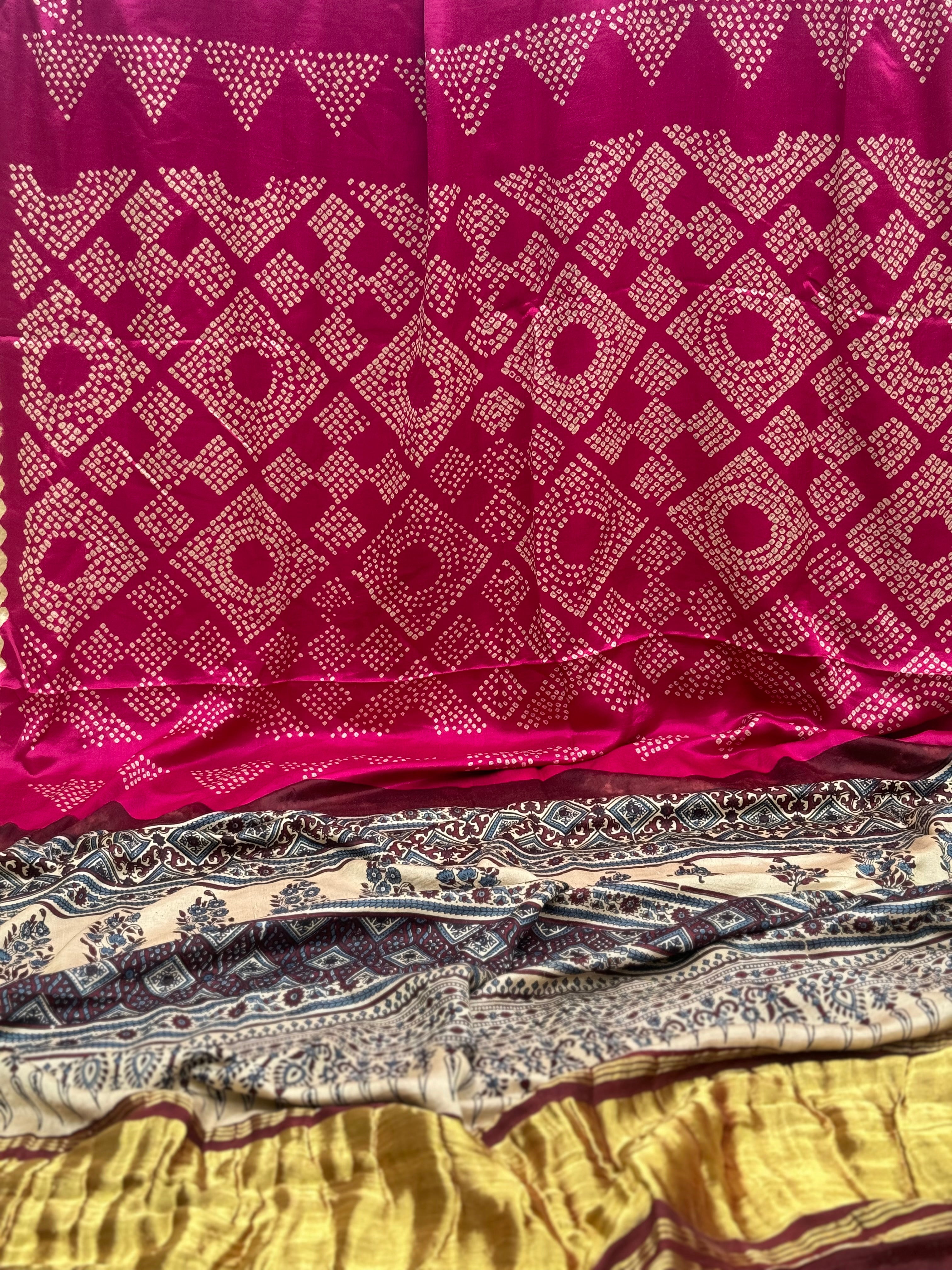 Tie And Dye Hand Knotted Rai Bandhej plum pink Gajji silk saree