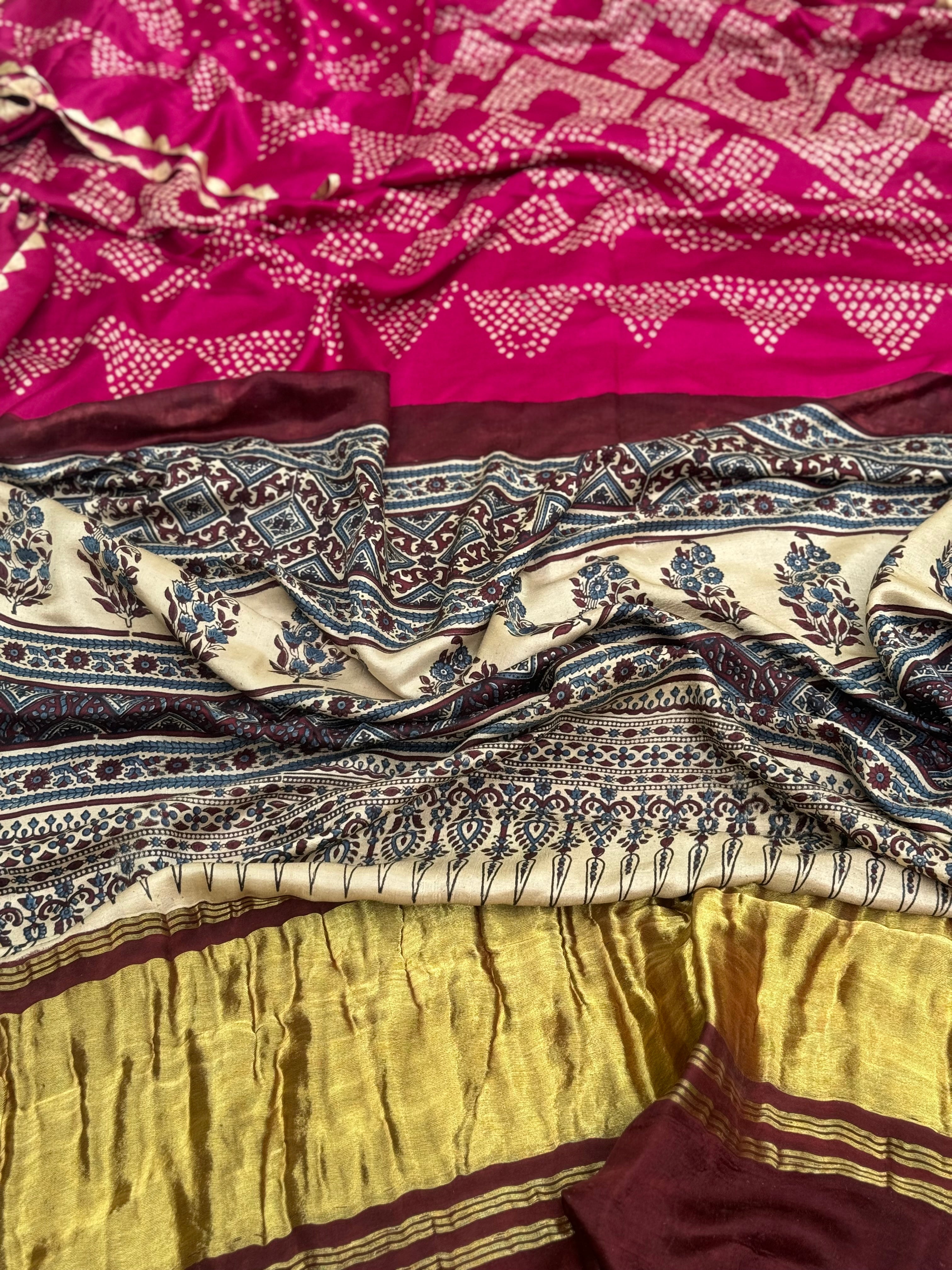 Tie And Dye Hand Knotted Rai Bandhej plum pink Gajji silk saree