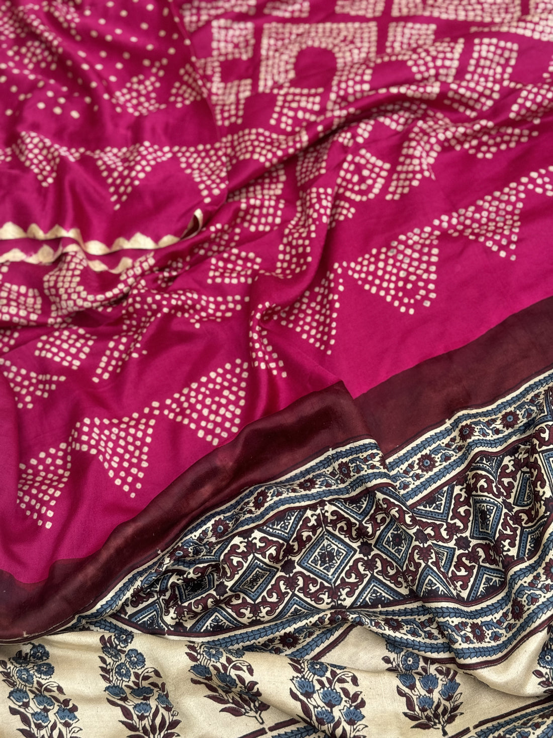 Plum pink shade Tie And Dye Hand Knotted Rai Bandhej Gajji silk saree