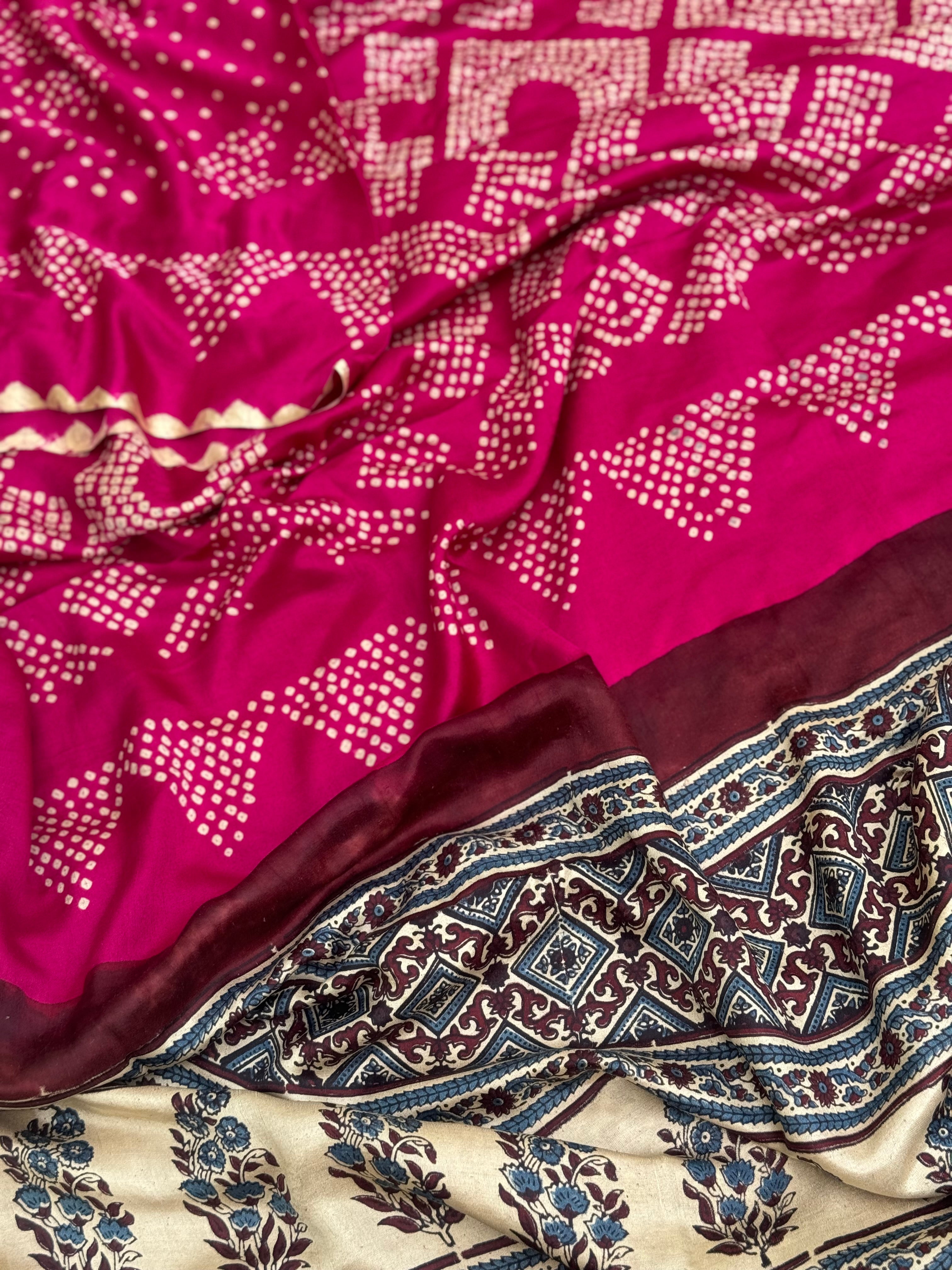 Tie And Dye Hand Knotted Rai Bandhej plum pink Gajji silk saree