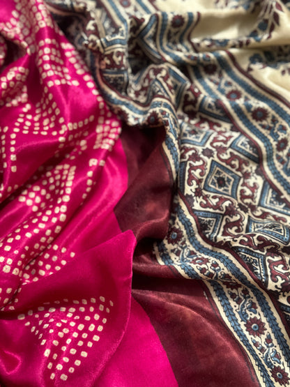 Tie And Dye Hand Knotted Rai Bandhej plum pink Gajji silk saree