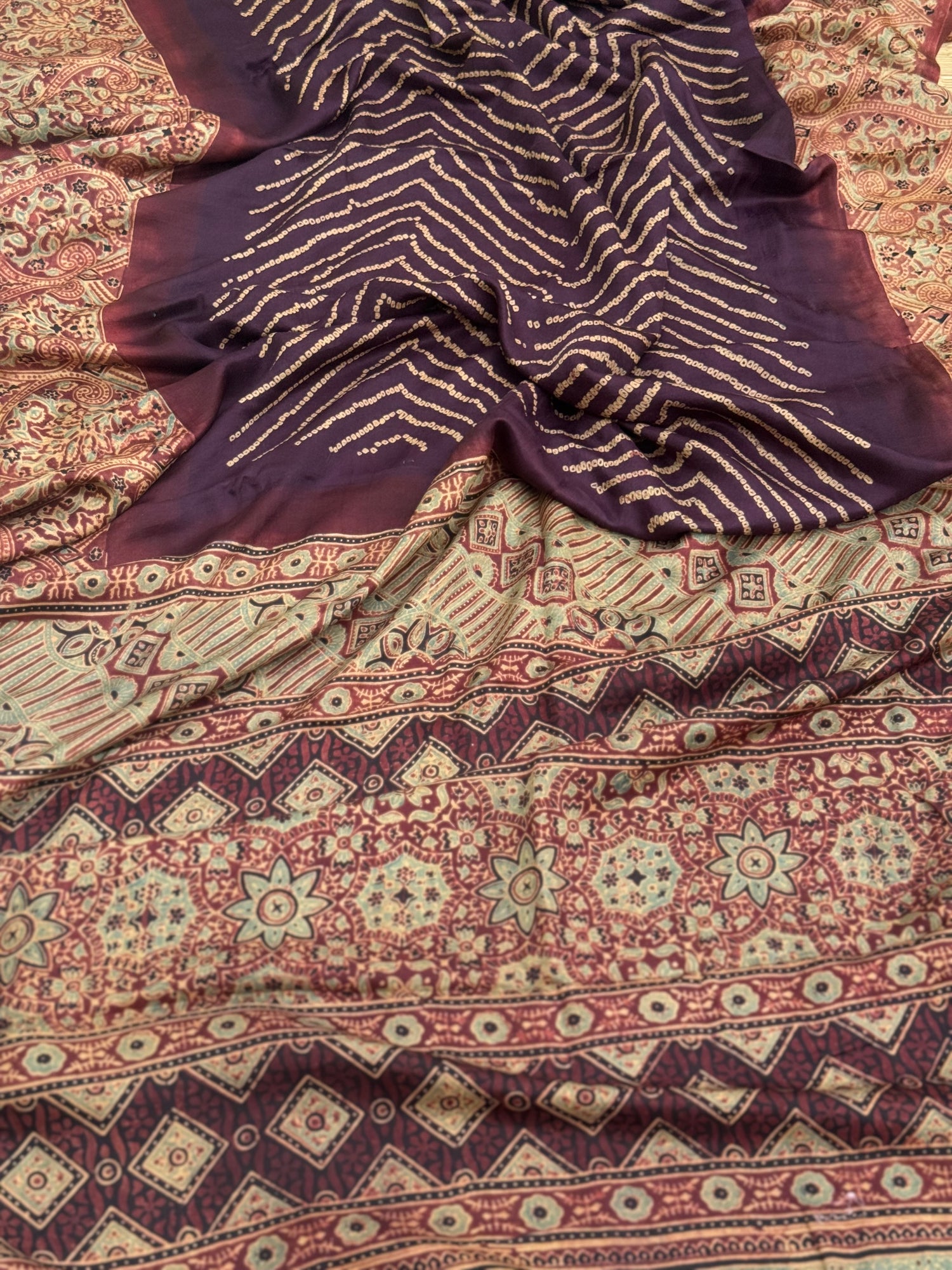 Tie And Dye Hand Knotted Rai Bandhej deep violet with brick red Gajji silk saree