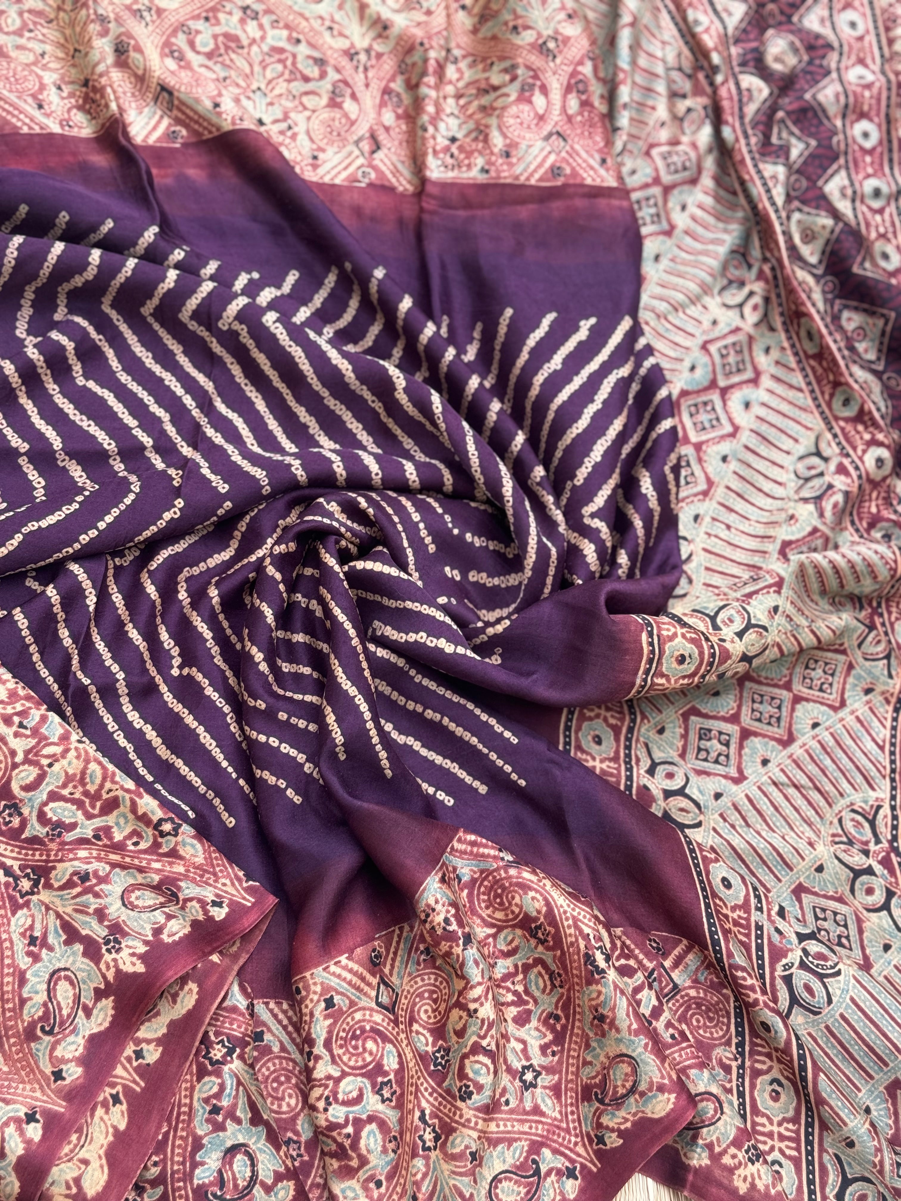 Tie And Dye Hand Knotted Rai Bandhej deep violet with brick red Gajji silk saree