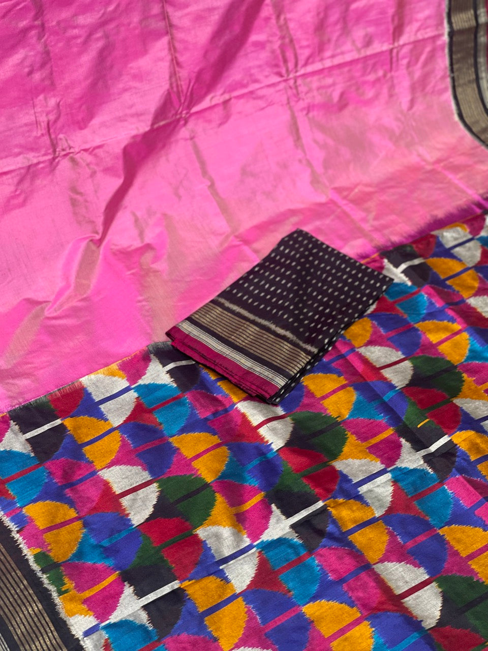 A Designer Exclusive Multicolour blocks Silk Ikkat Saree