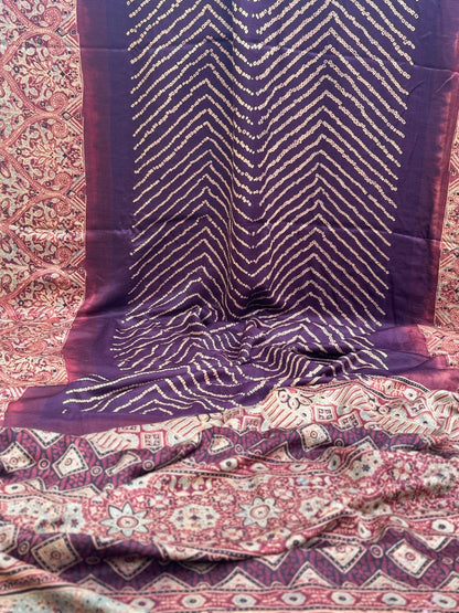 Tie And Dye Hand Knotted Rai Bandhej deep violet with brick red Gajji silk saree