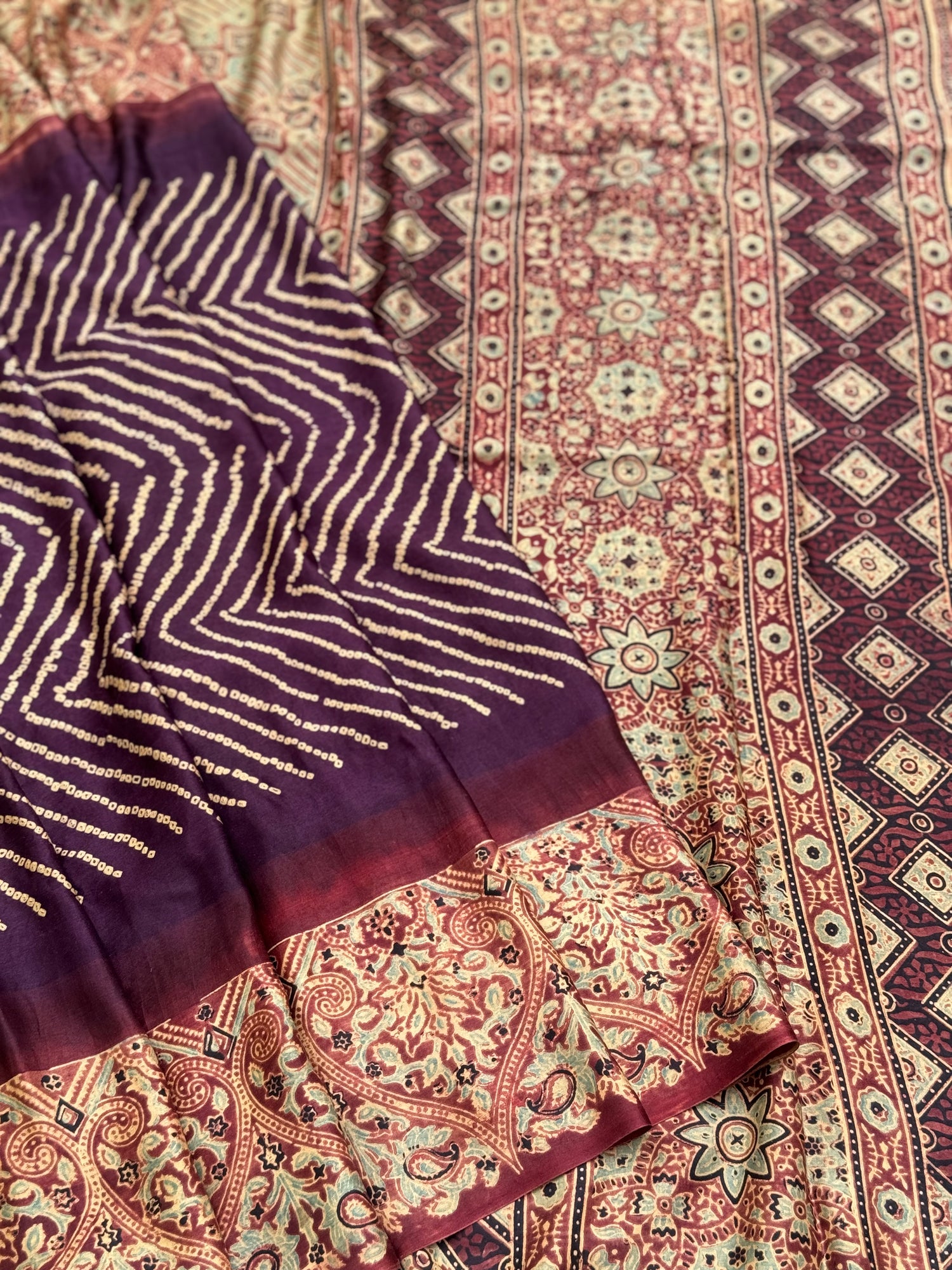 Tie And Dye Hand Knotted Rai Bandhej deep violet with brick red Gajji silk saree