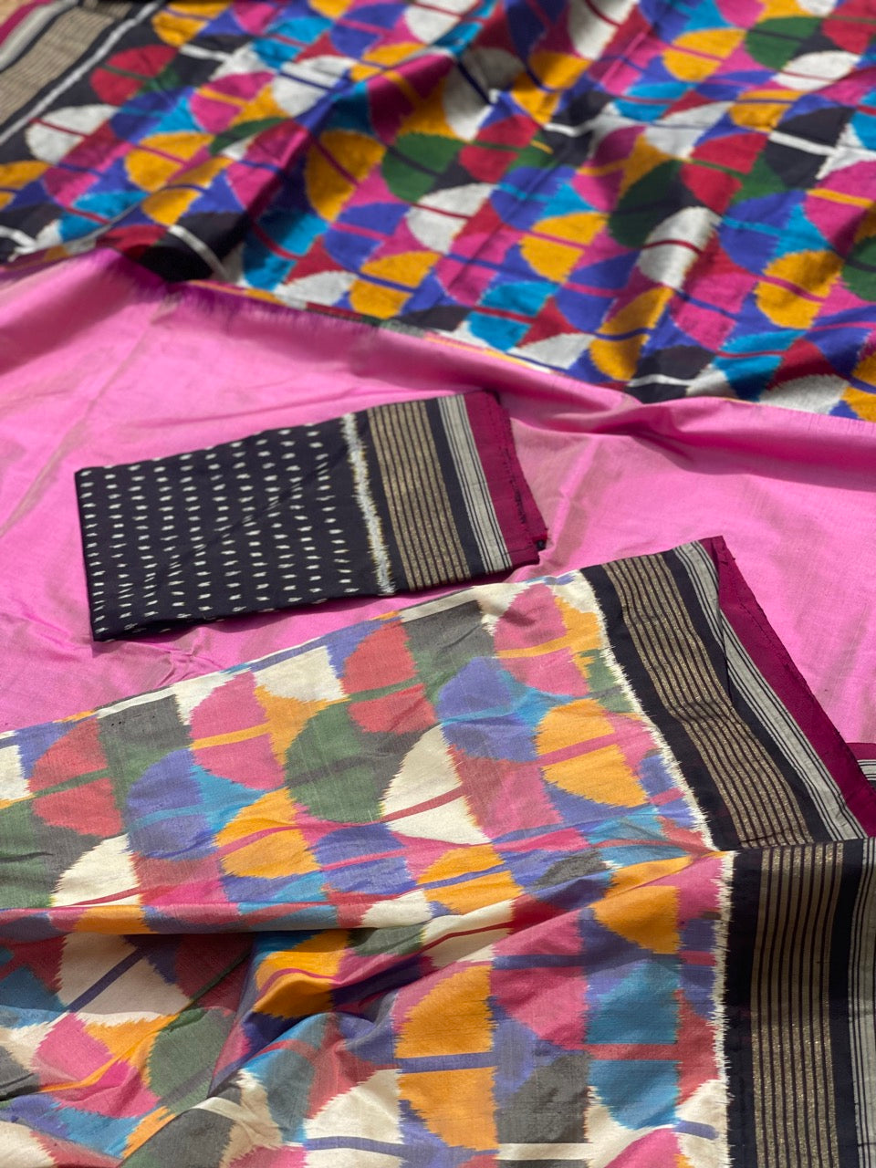 A Designer Exclusive Multicolour blocks Silk Ikkat Saree
