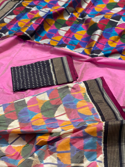 A Designer Exclusive Multicolour blocks Silk Ikkat Saree
